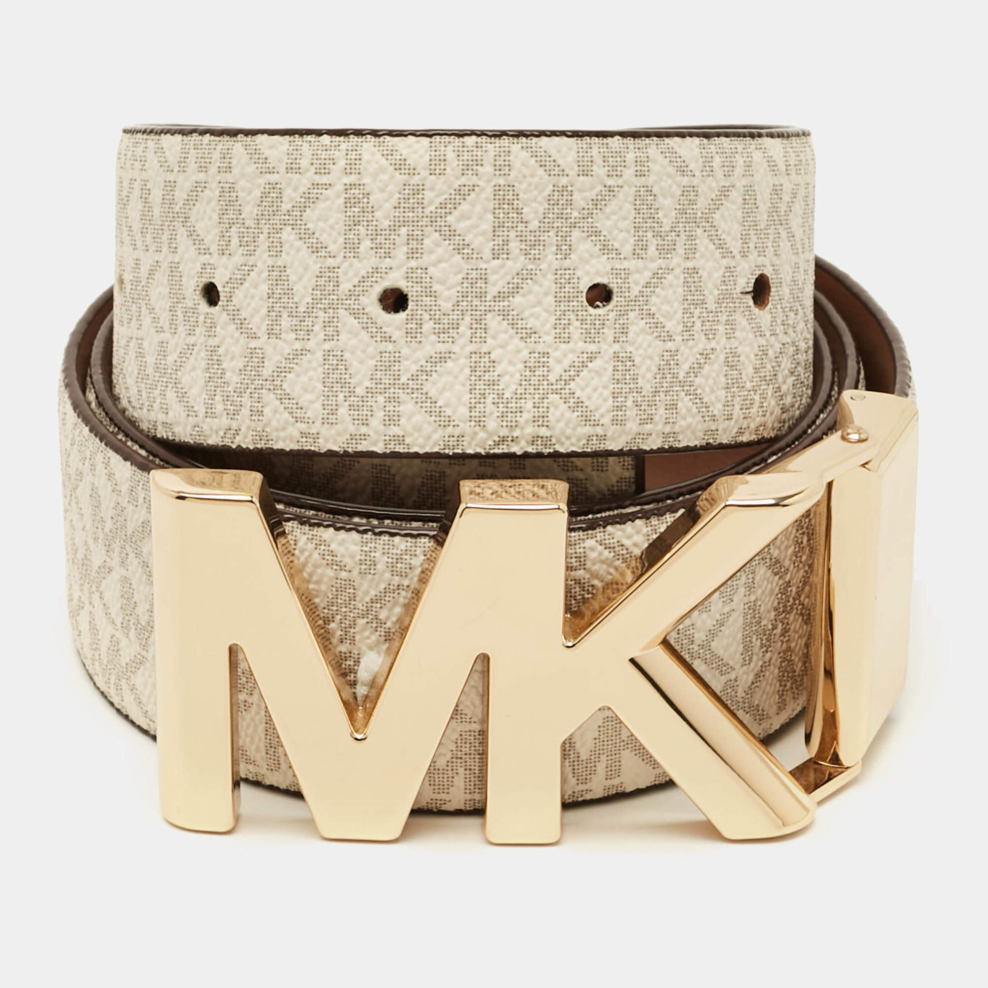 Pre Owned Michael Kors Logo Cut to Size Reversible Buckle Belt White Signature Coated Canvas and Leather