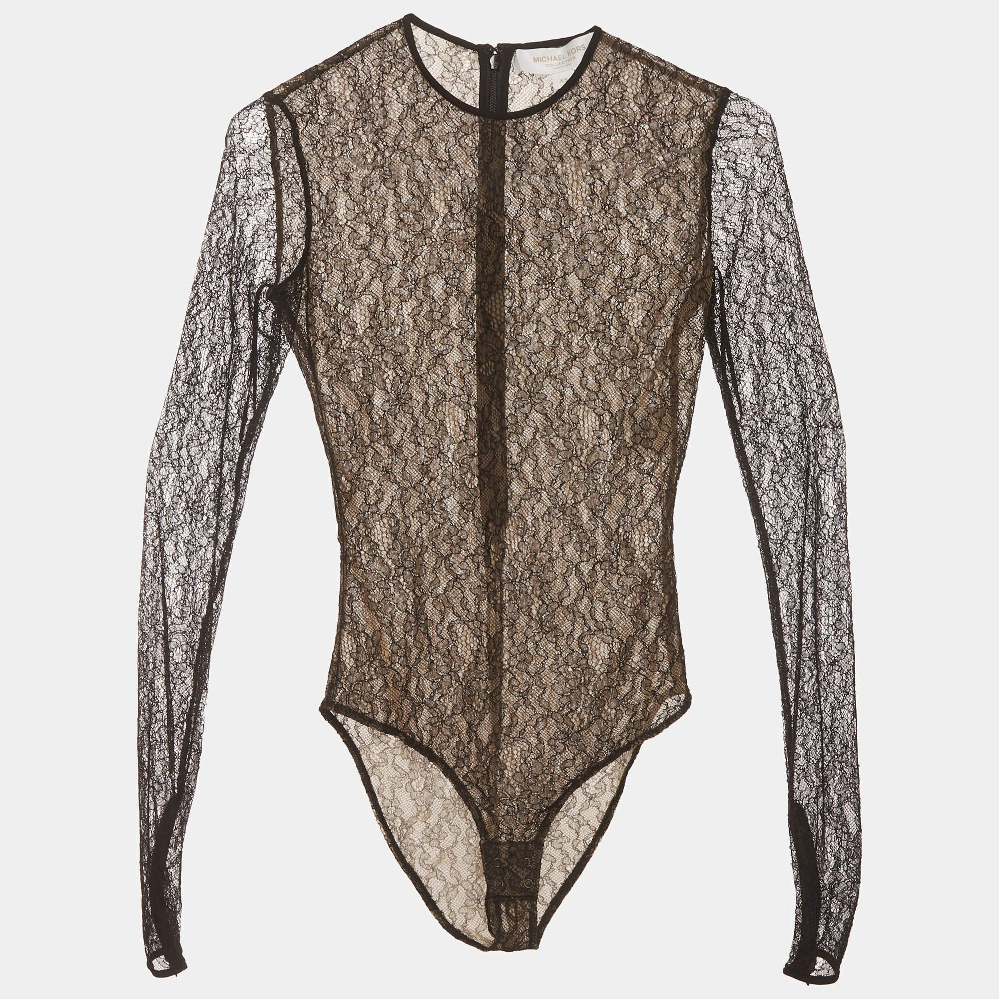 Pre Owned Michael Kors Black Floral Lace Zip-Up Bodysuit Top XS