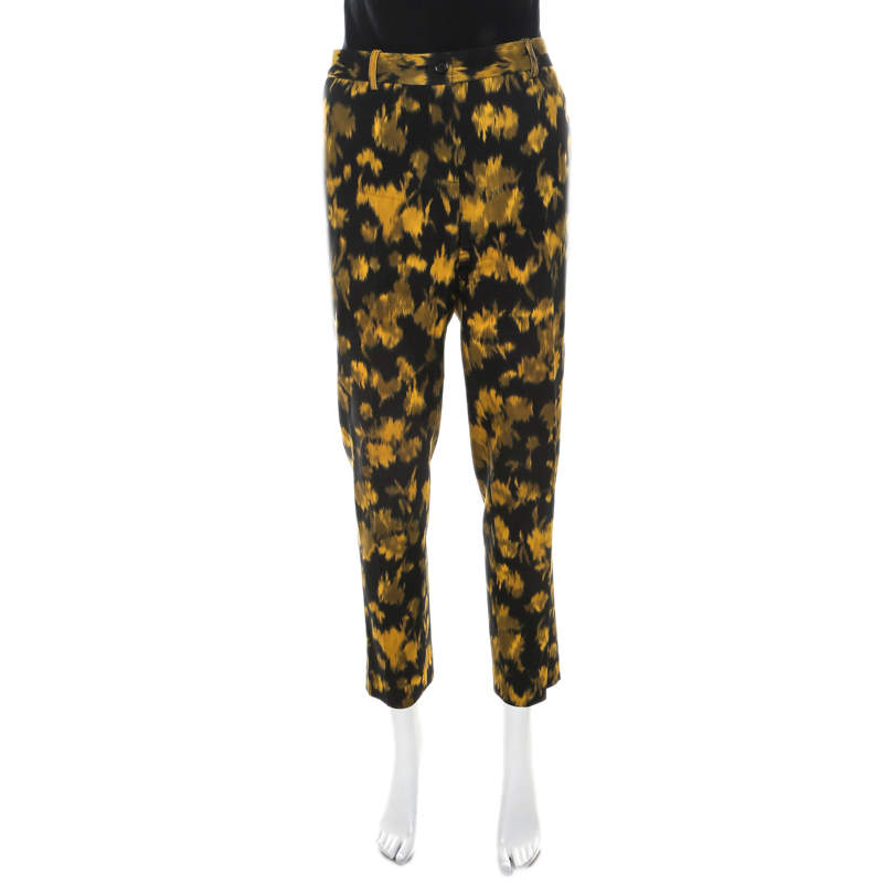 Michael Kors Black and Yellow Ikkat Print Wool Tapered Trousers M