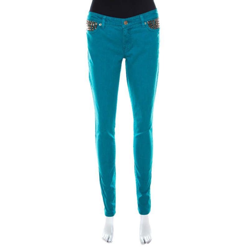 Michael Kors Turquoise Blue Denim Studded Pocket Detail Skinny Jeans S 