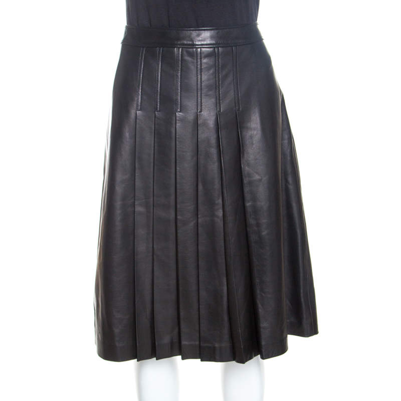 Michael Kors Dark Brown Leather Pleated Midi Skirt M