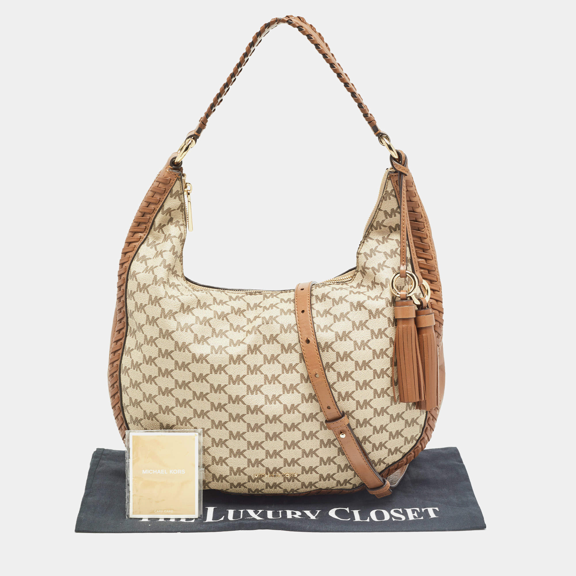 Michael Kors Beige Brown Signature Coated Canvas and Leather Lauryn Hobo Michael Kors TLC