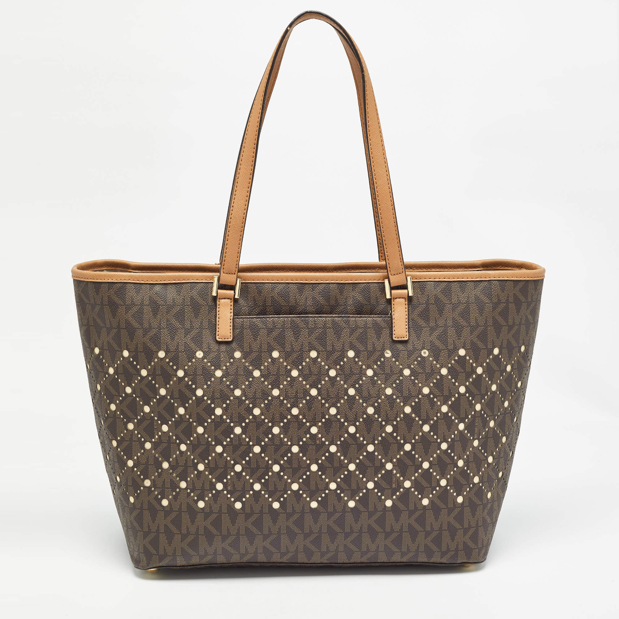 Michael Kors Brown Signature Coated Canvas and Leather Jet Set Violet Tote