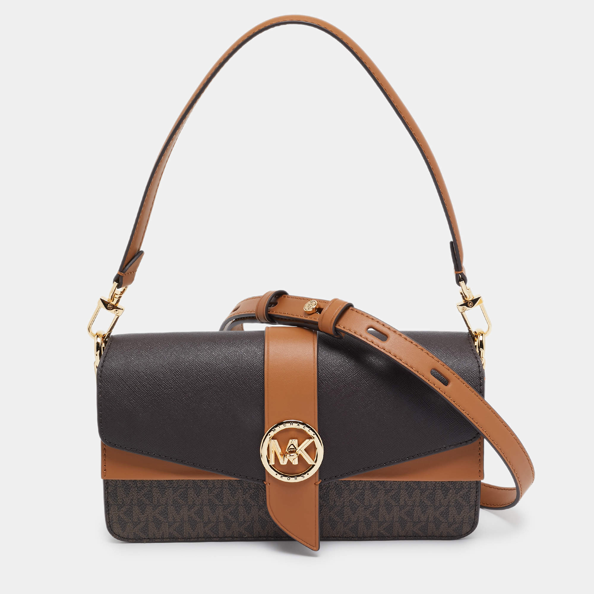 Pre Owned Michael Kors Brown Signature Coated Canvas and Leather Medium Greenwich Top Handle Bag