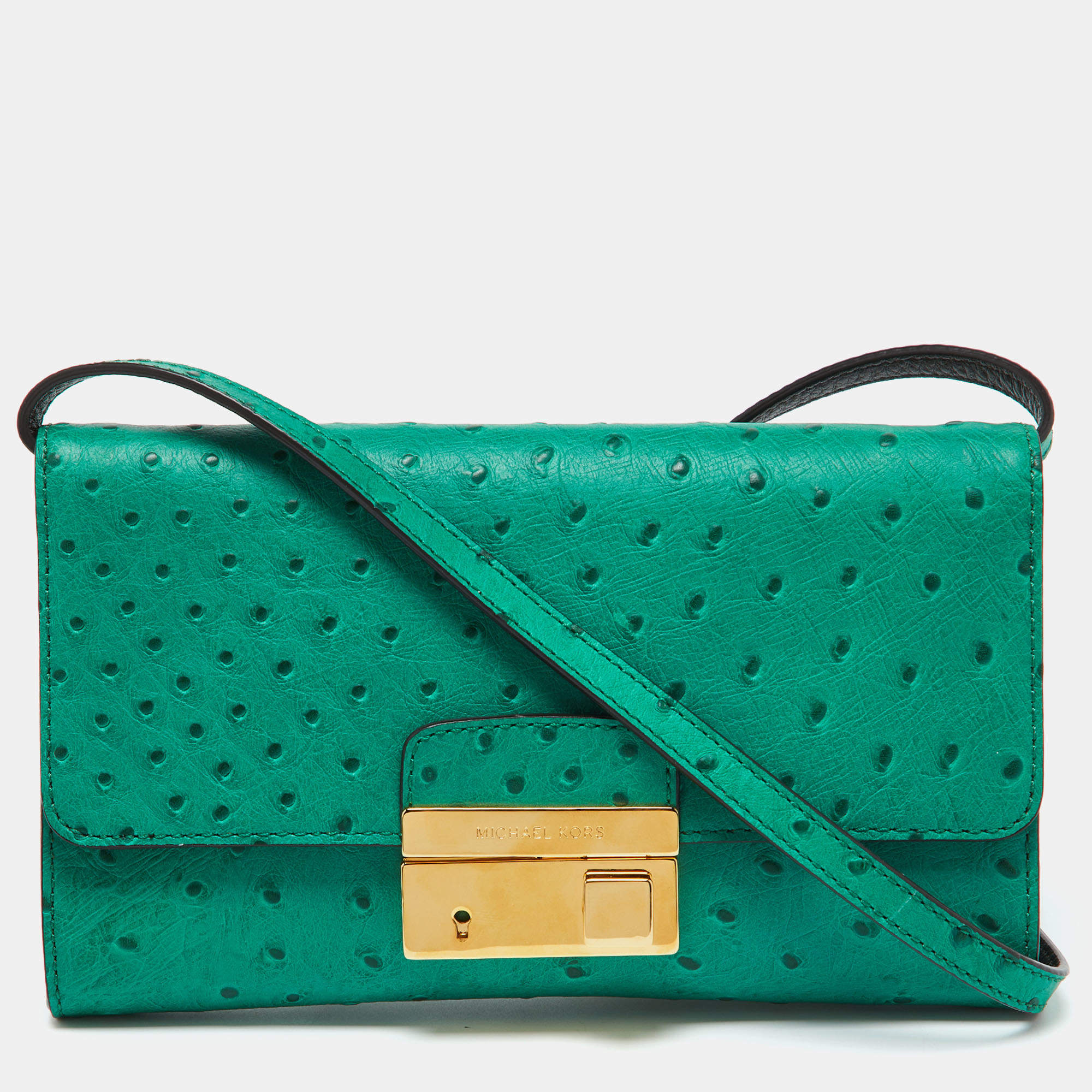 Pre Owned Michael Kors Green Ostrich Embossed Leather Gia Convertible Clutch