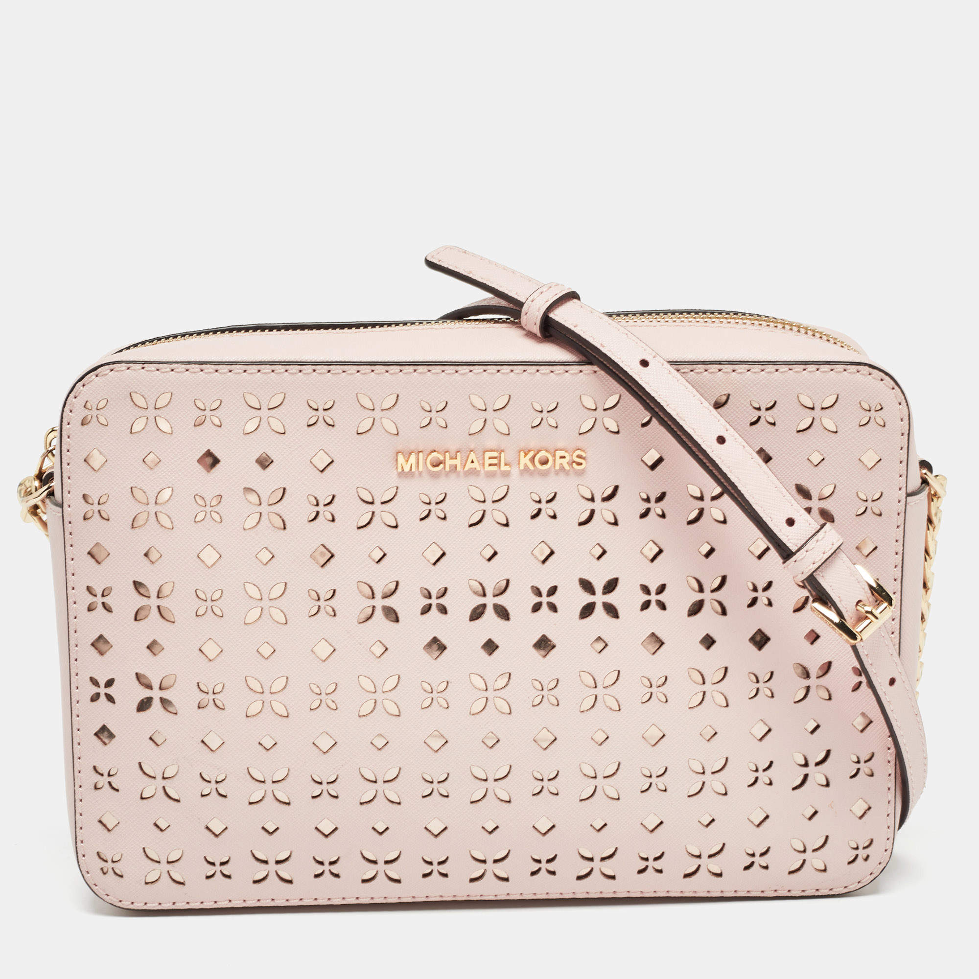 Pre Owned Michael Kors Light Pink Leather Lasercut East West Crossbody Bag
