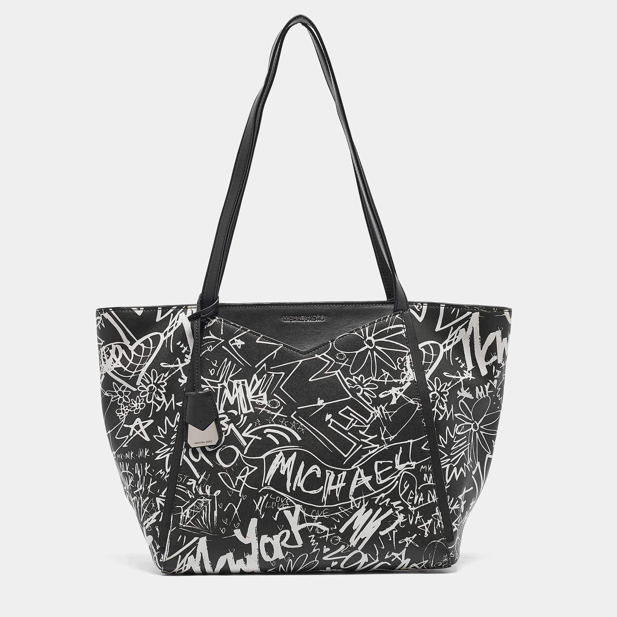 مملوكة مسبقًا Michael Kors Black/White Leather Large Graffiti Whitney Tote