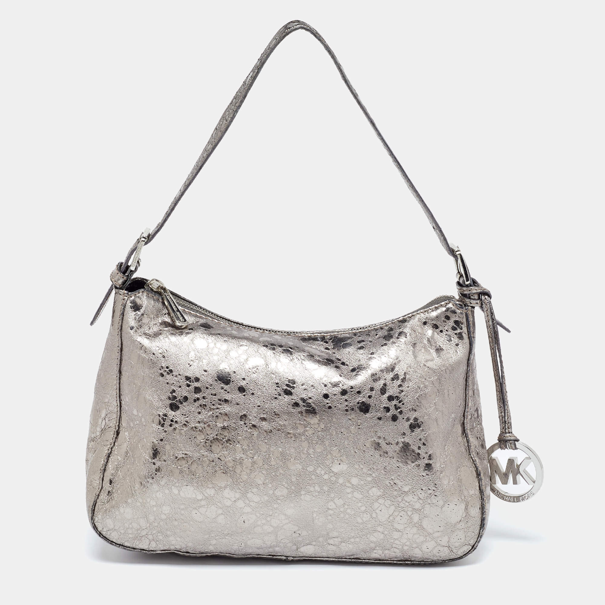 Michael Kors Metallic Grey Textured Patent and Leather Logo Charm Shoulder Bag