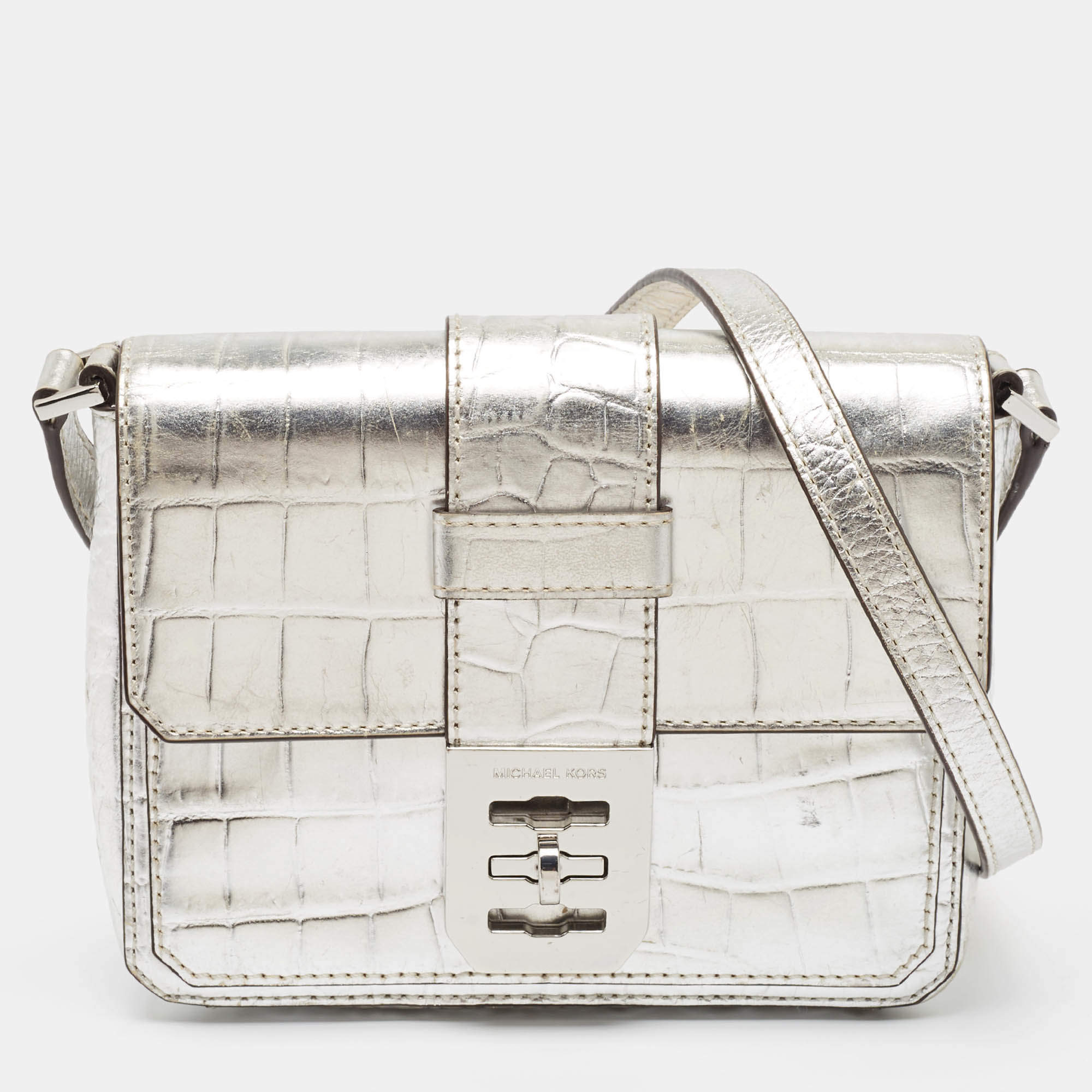 Pre Owned Michael Kors Silver Croc Embossed Leather Crossbody Bag