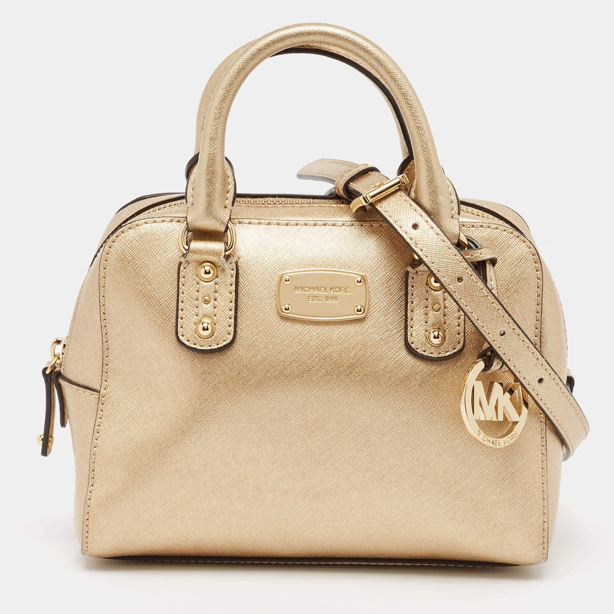 Pre Owned Michael Kors Gold Patent Leather Logo Dome Satchel