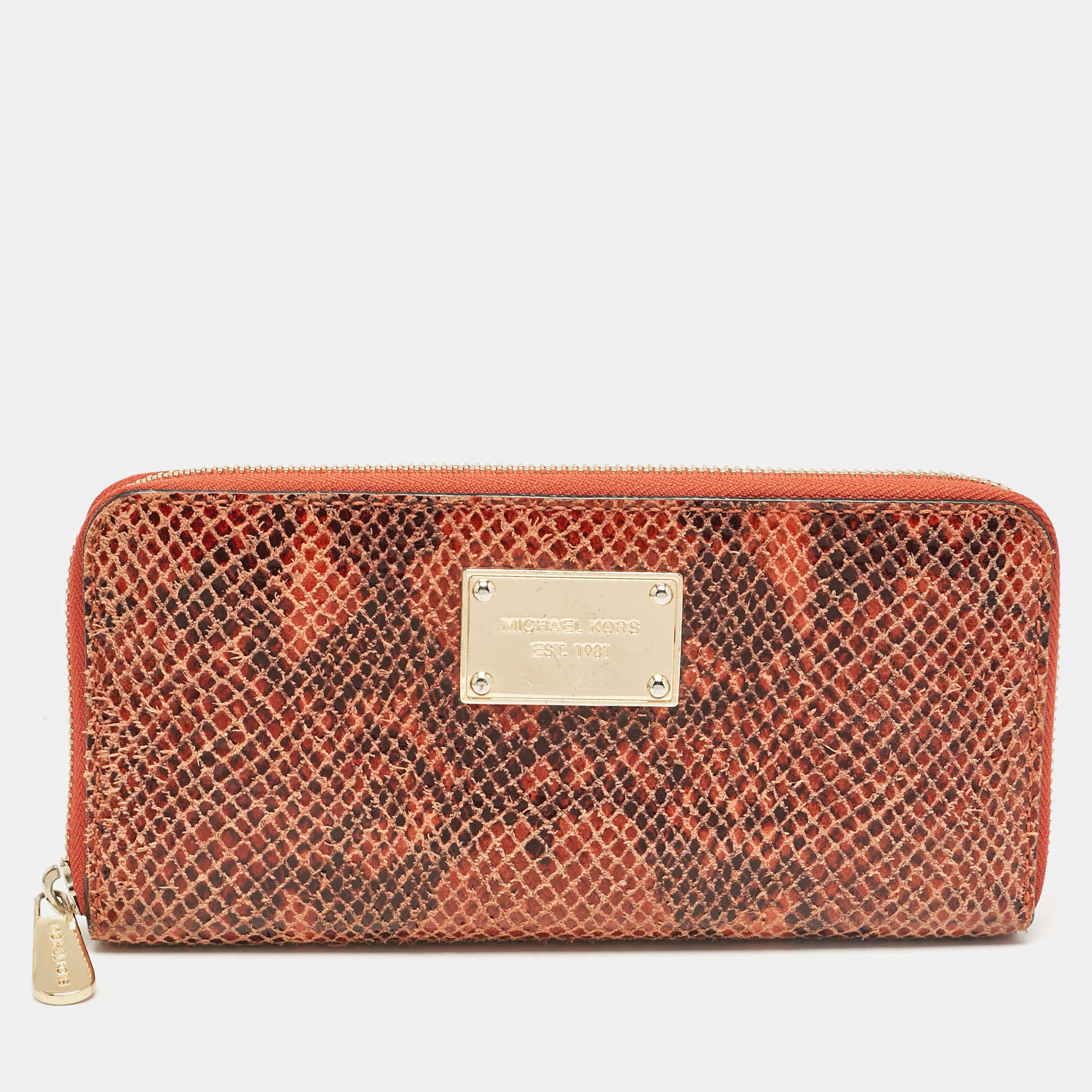 Michael Kors Orange/Brown Snakeskin Embossed Leather Jet Set Zip Around Wallet