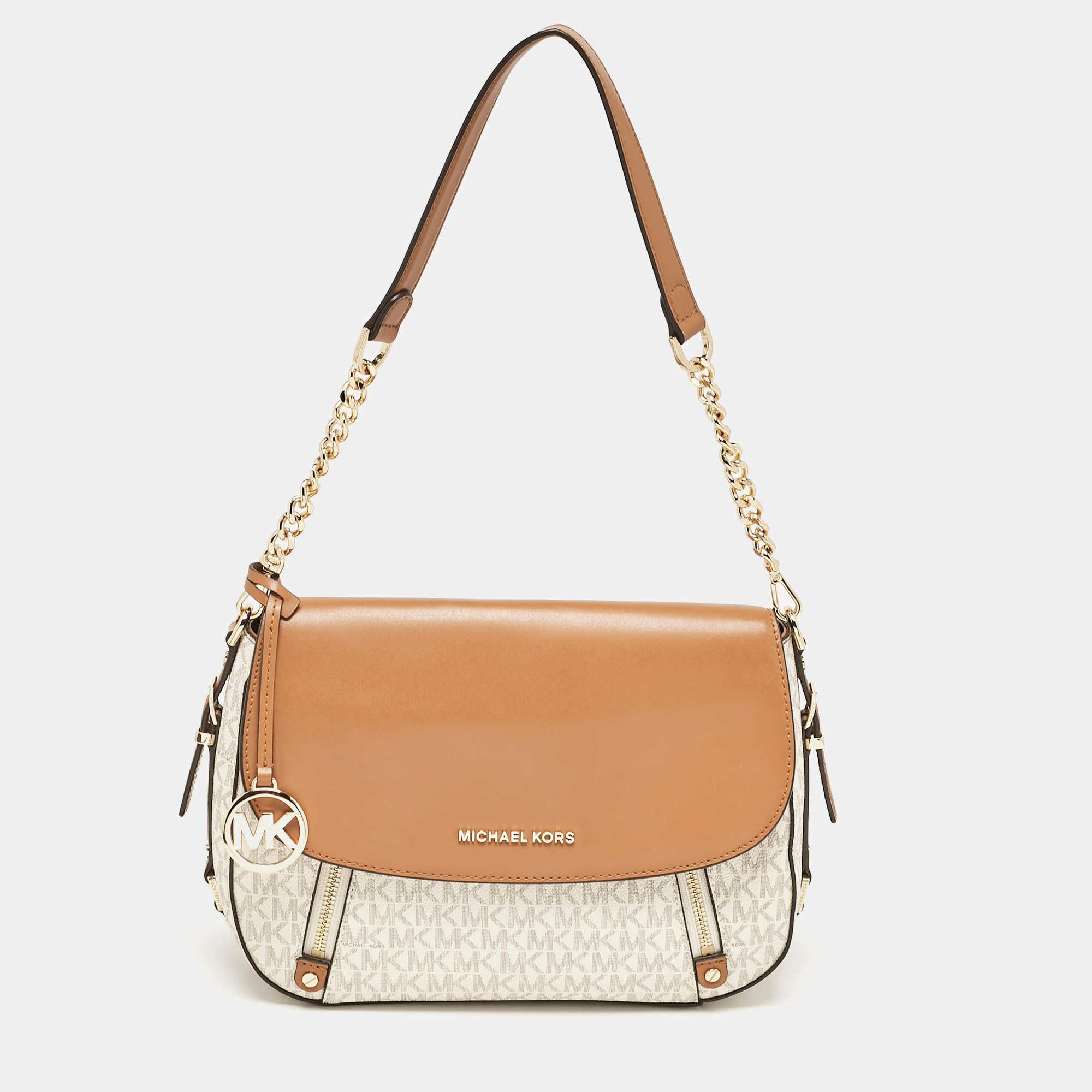 Pre Owned Michael Kors Brown/Off White Signature Coated Canvas and Leather Bedford Legacy Shoulder Bag