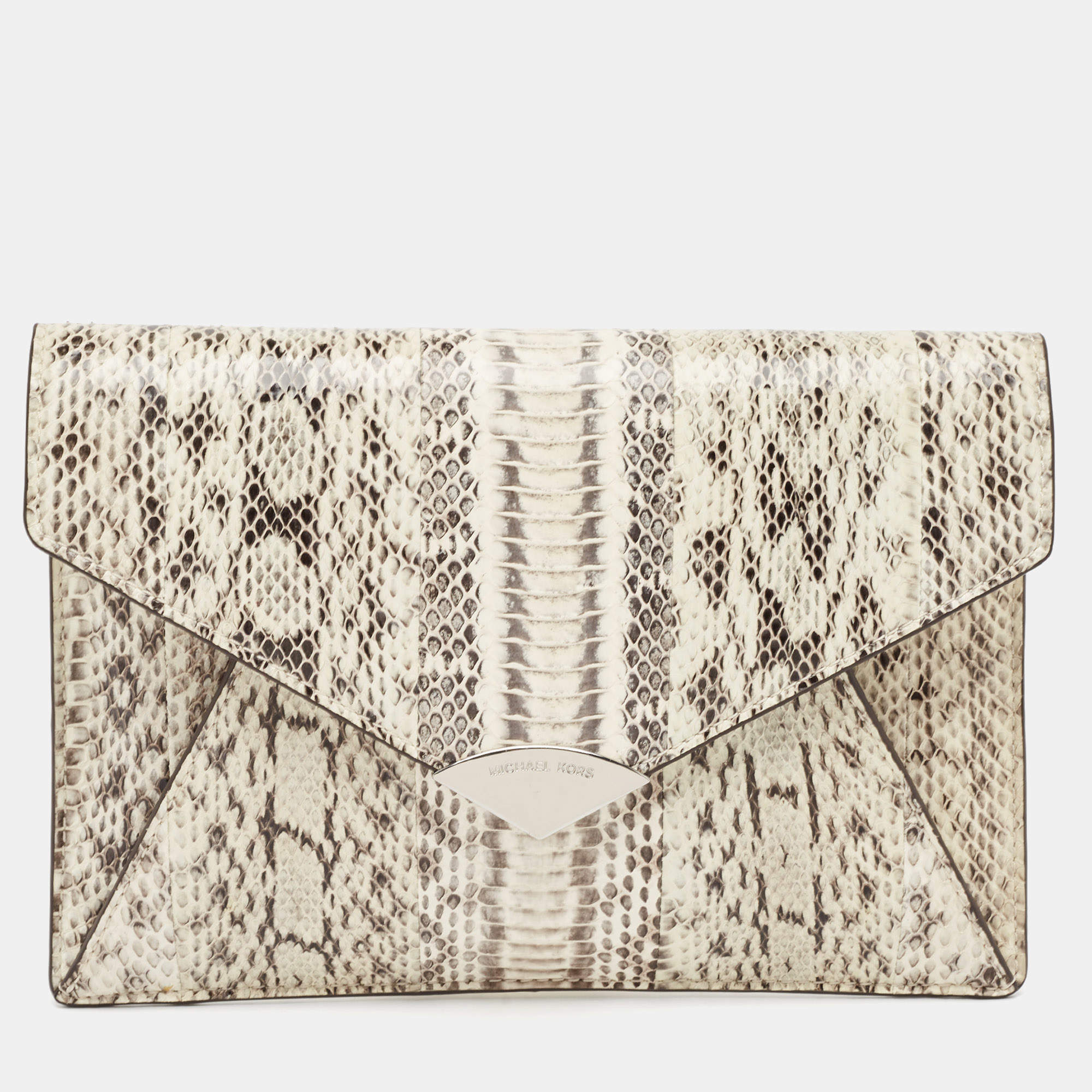 Pre Owned Michael Kors White/Black Watersnake Leather Barbara Envelope Clutch