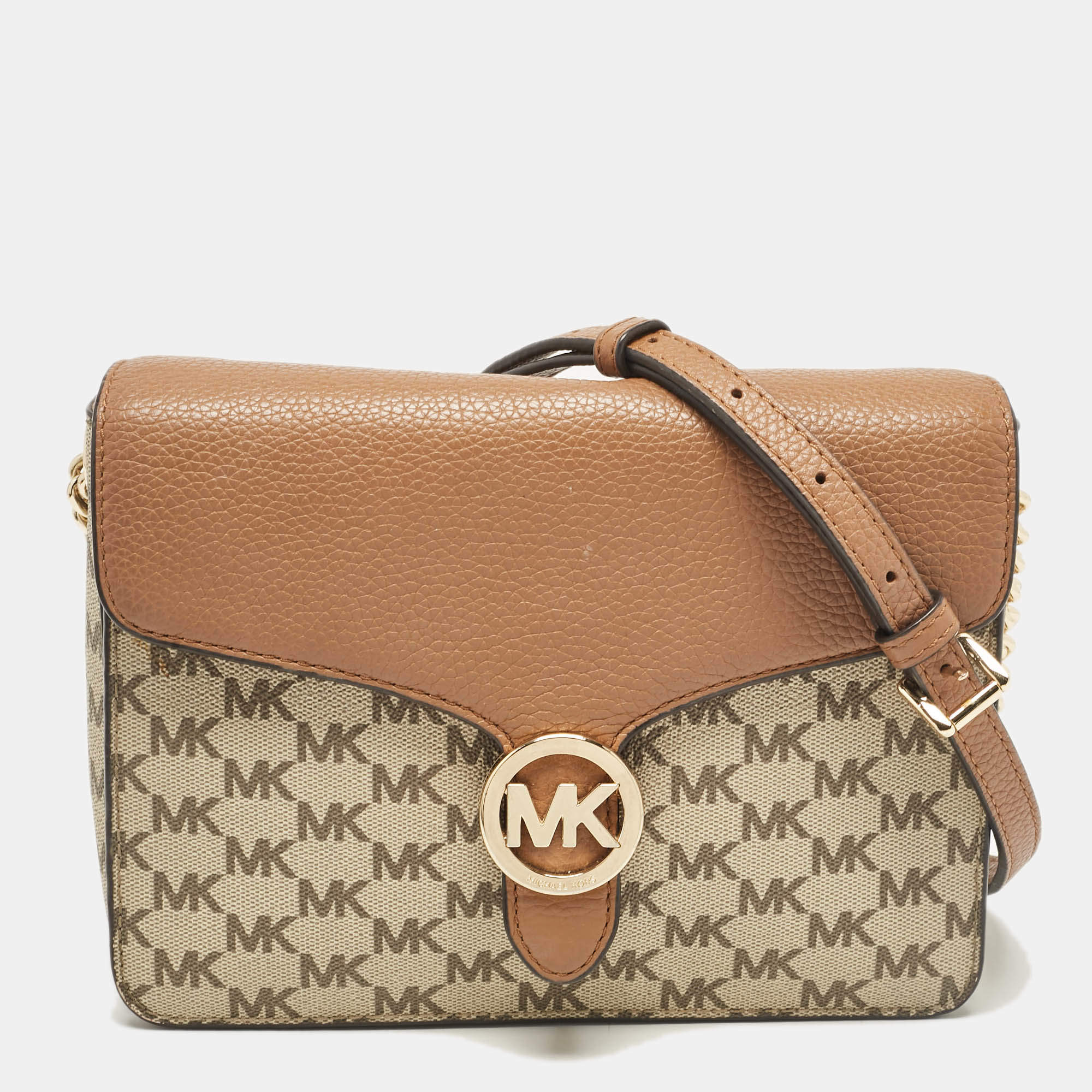 Michael Kors Beige Brown Signature Coated Canvas and Leather Fulton Crossbody Bag Michael Kors TLC