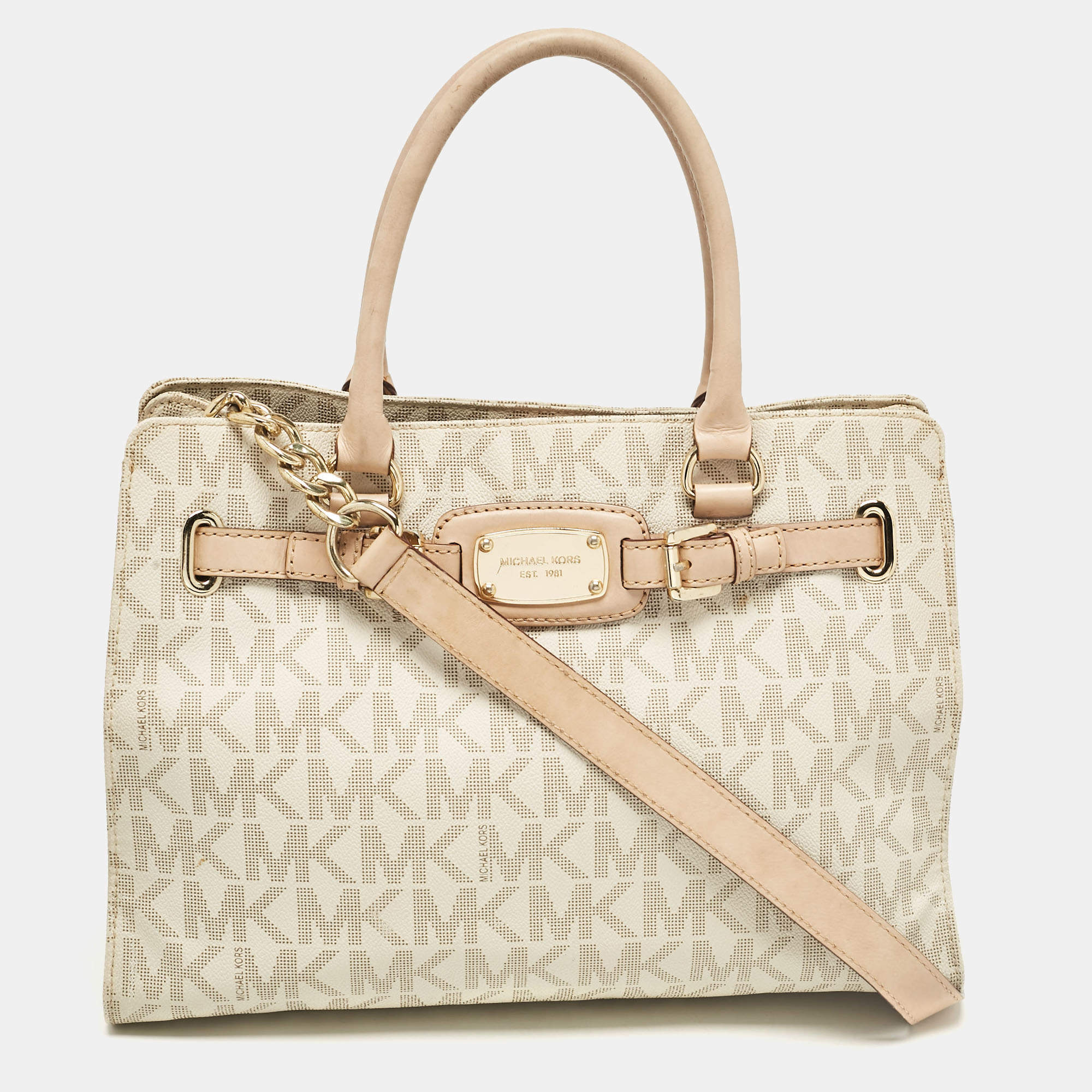 Pre Owned Michael Kors Beige/Off White Signature Coated Canvas and Leather East/West Hamilton Tote