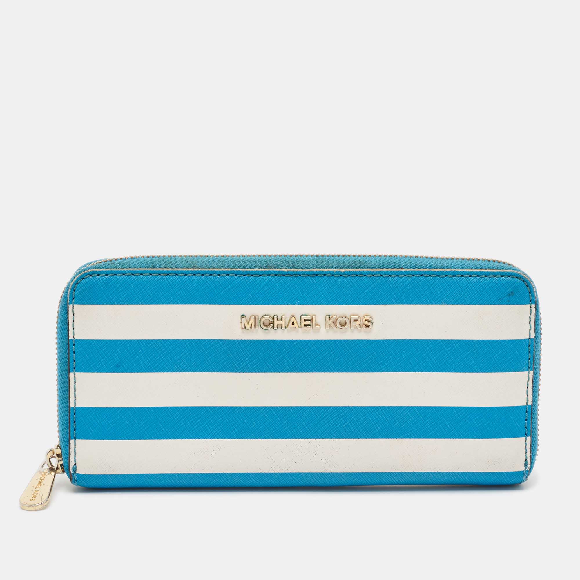 Michael Kors Blue/White Leather Stripe Zip Continental Wallet