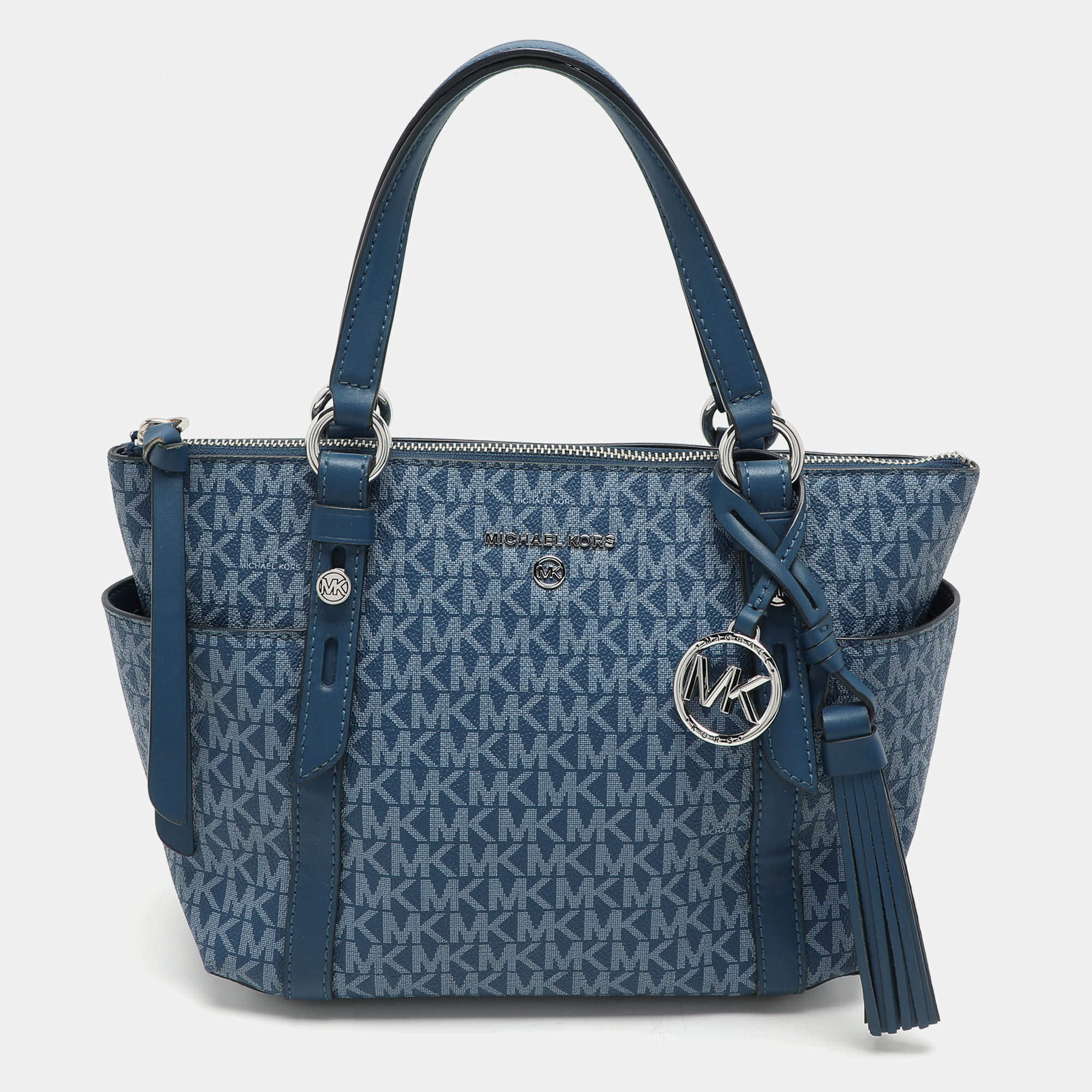 Michael Kors Blue Signature Coated Canvas and Leather Sullivan Satchel