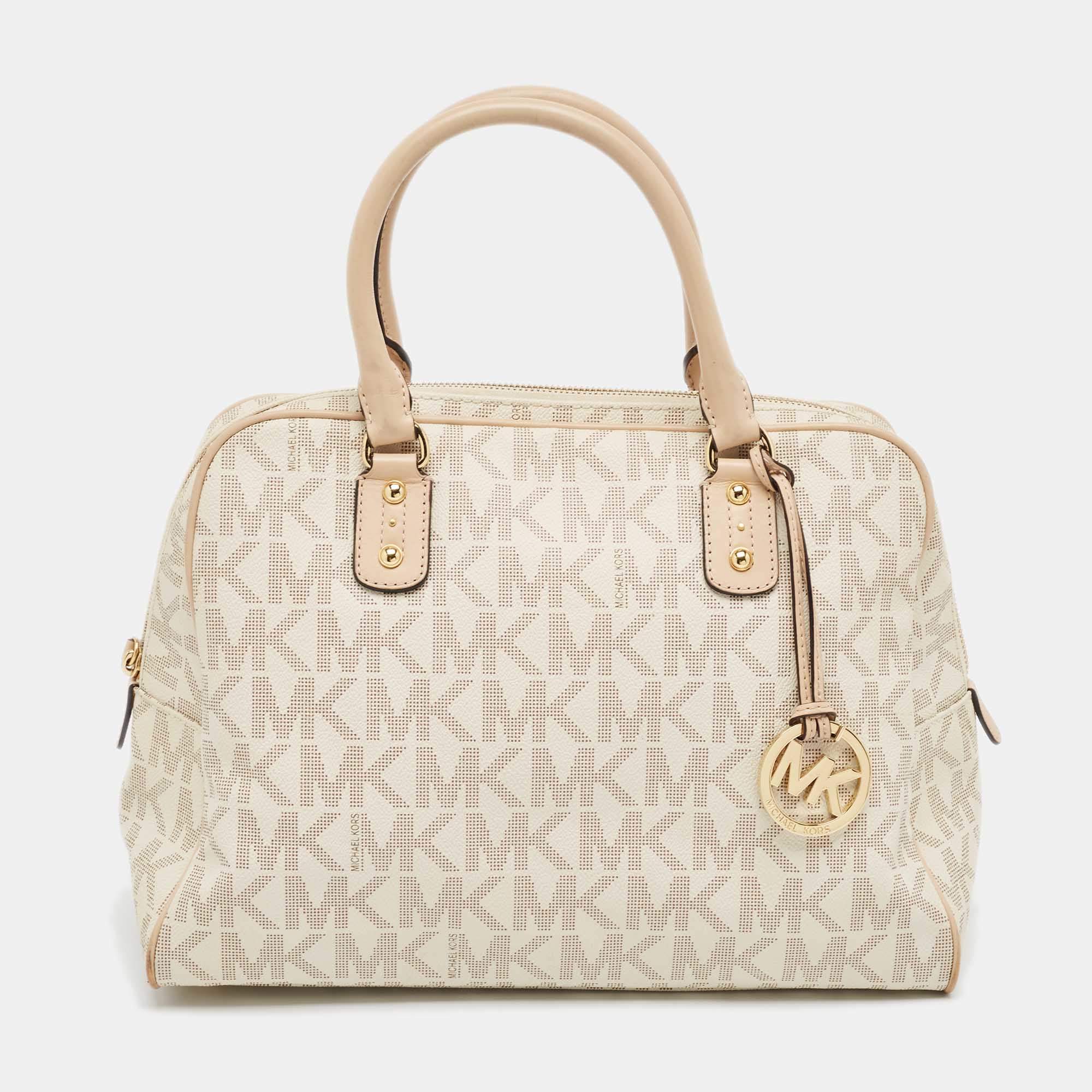 Pre Owned Michael Kors Off White Signature Coated Canvas and Leather Charm Satchel