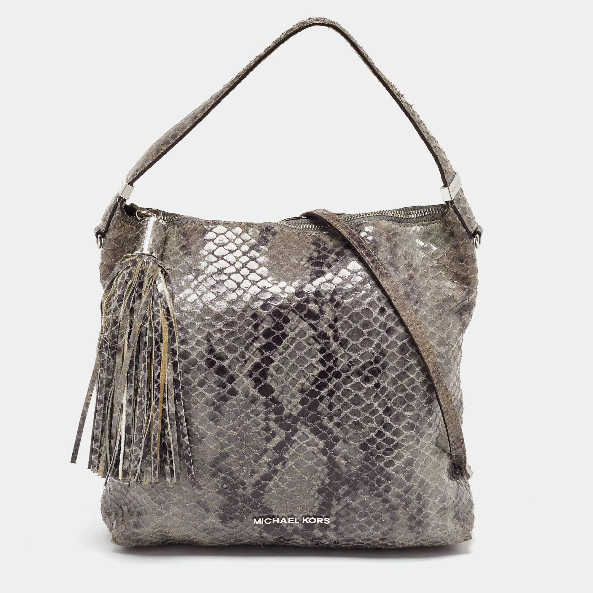 Pre Owned Michael Kors Grey Snakeskin Embossed Leather Bedford Shoulder Bag