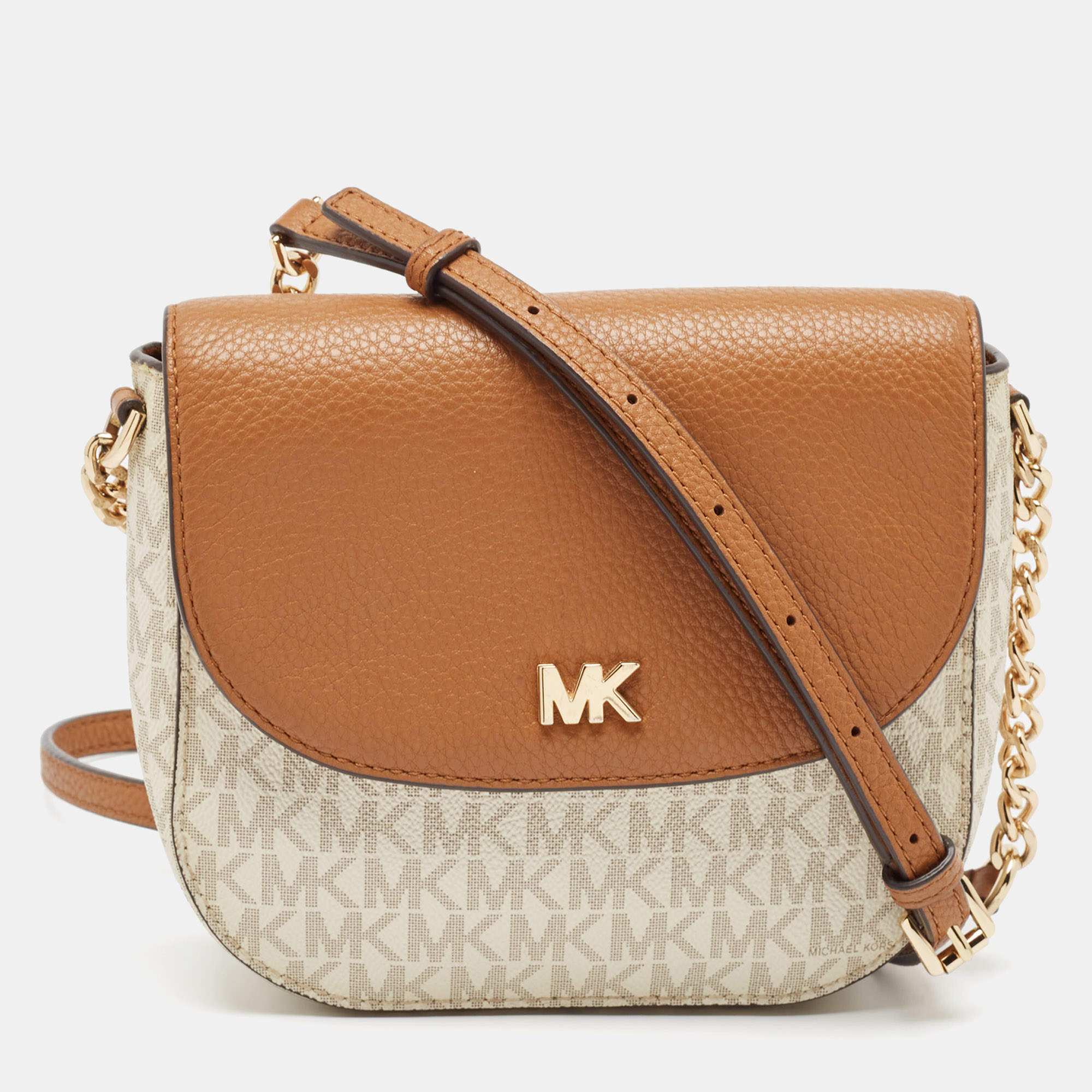 Pre Owned Michael Kors Beige/Tan Signature Coated Canvas and Leather Mott Crossbody Bag