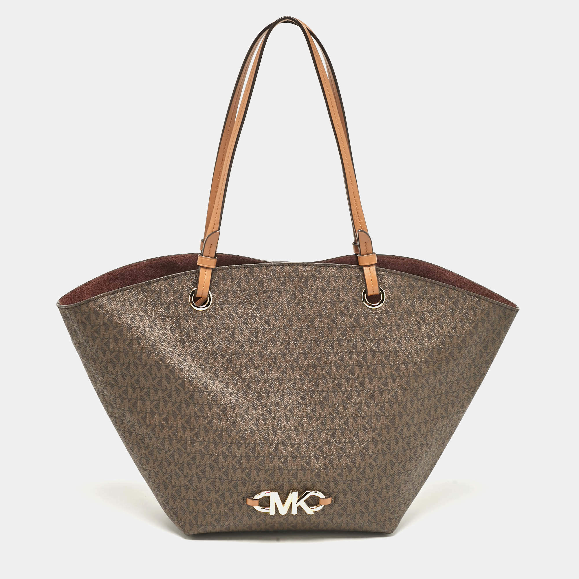 Pre Owned Michael Kors Dark Brown Signature Coated Canvas and Leather Izzy Tote