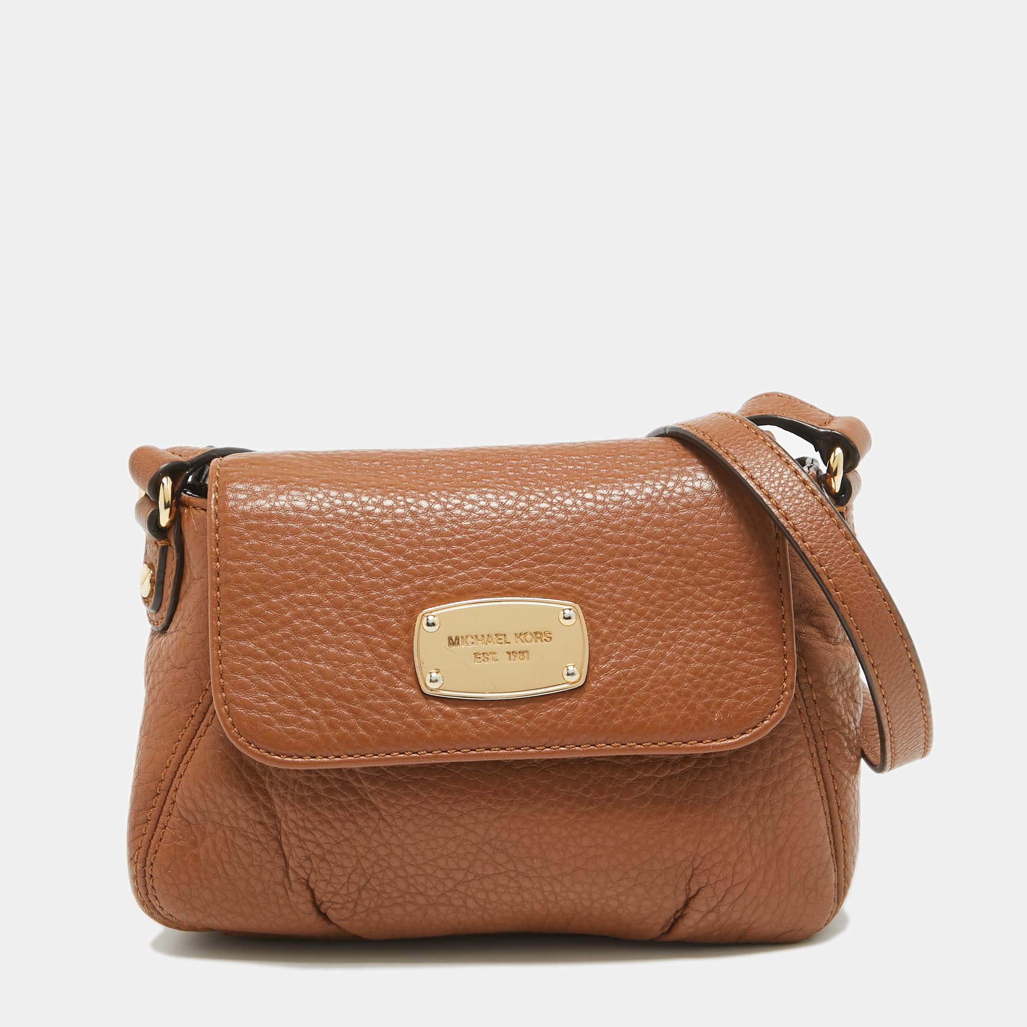 Pre Owned Michael Kors Brown Leather Jet Set Flap Crossbody Bag