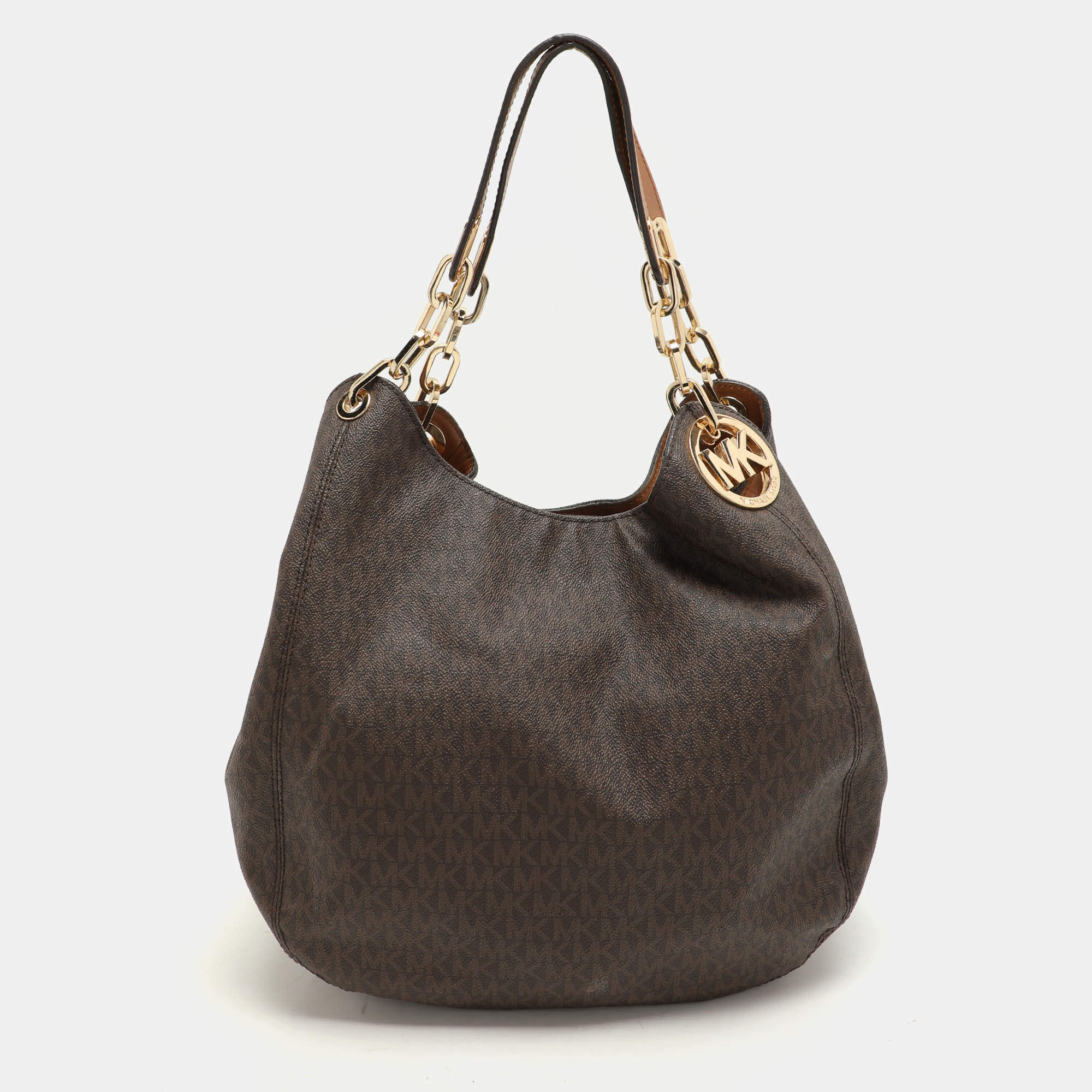 Pre Owned Michael Kors Dark Brown Signature Coated Canvas and Leather Fulton Hobo