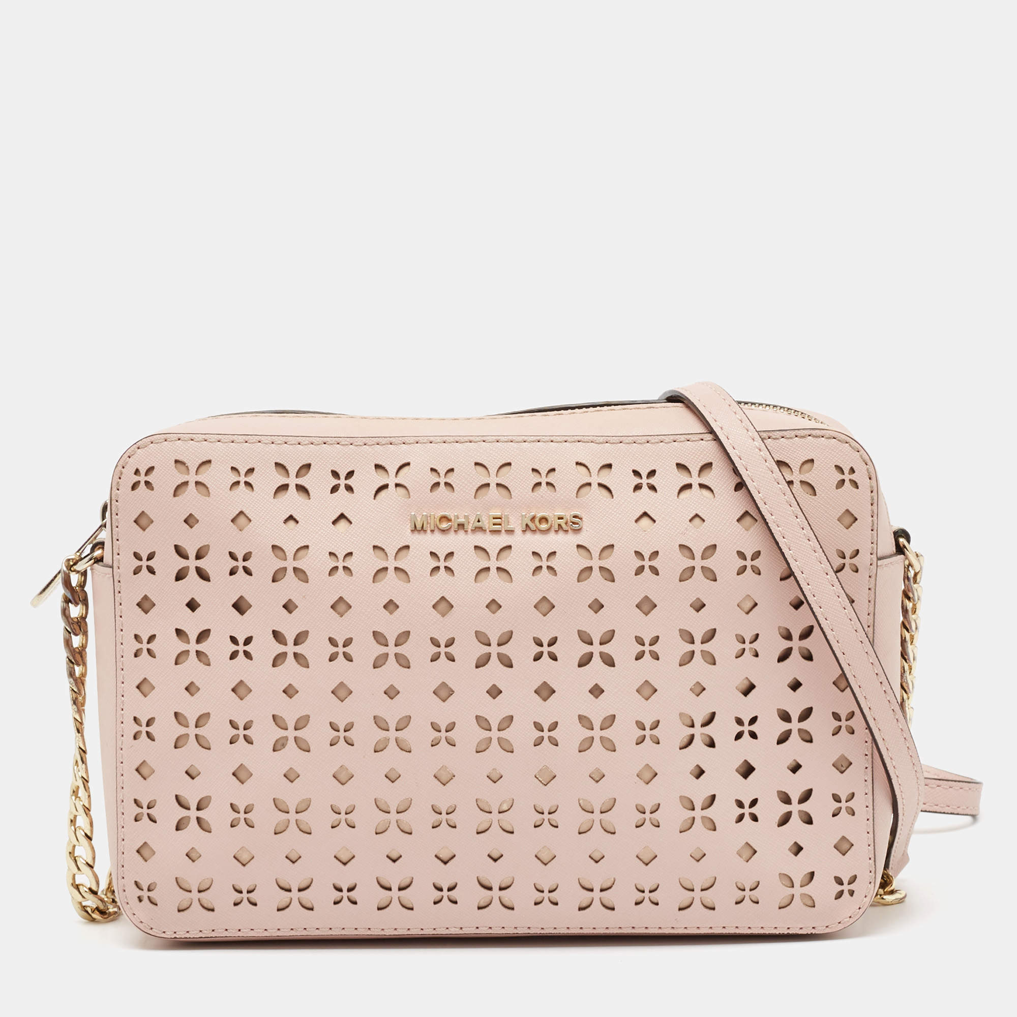 Pre Owned Michael Kors Light Pink Leather Lasercut East West Crossbody Bag