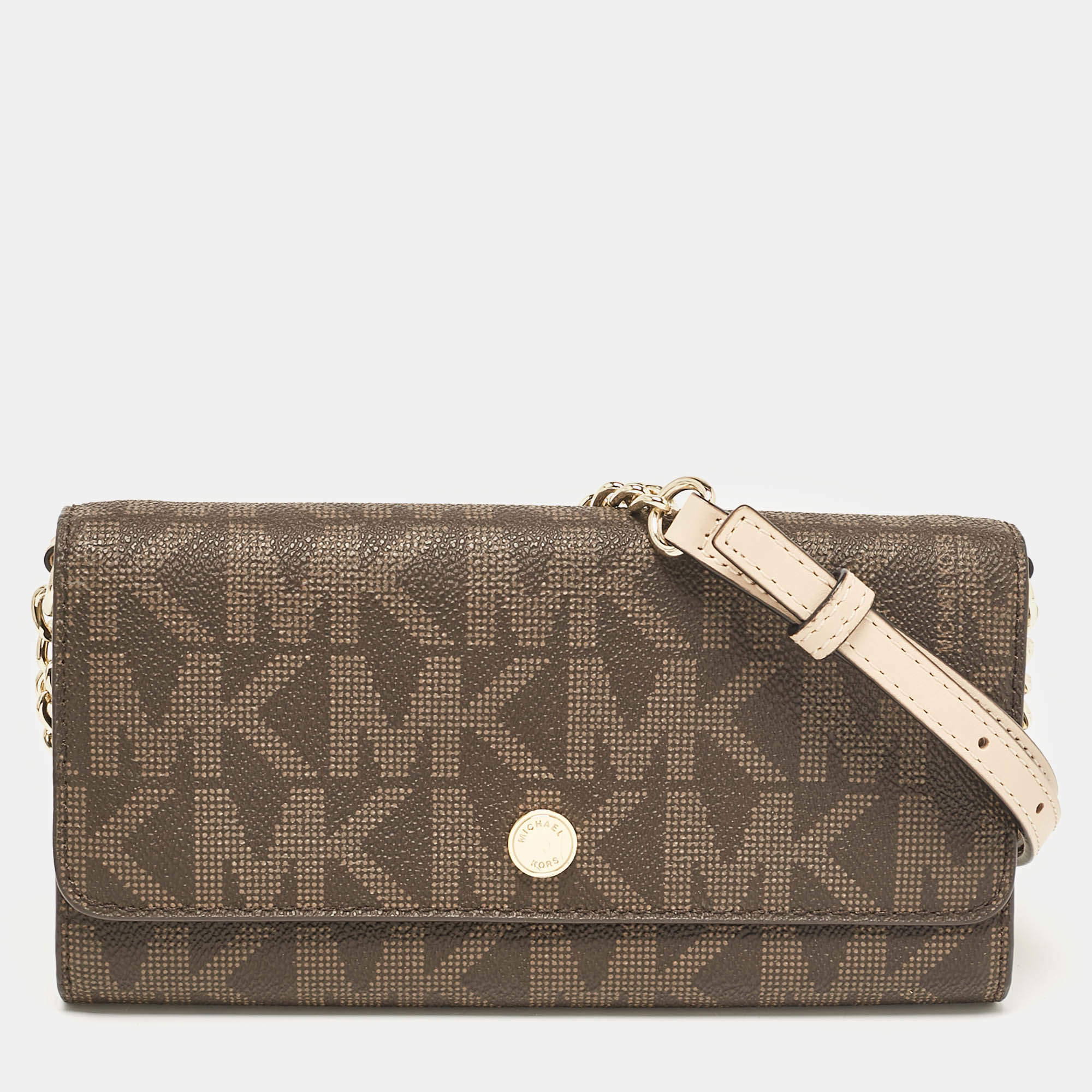 Michael Kors Dark Brown Signature Coated Canvas Jet Set Wallet On Chain