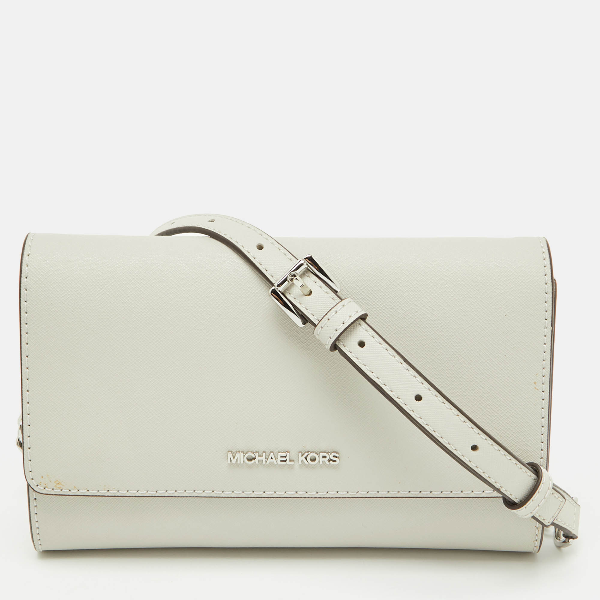 Pre Owned Michael Kors Grey Saffiano Leather Jet Set Travel Crossbody Bag