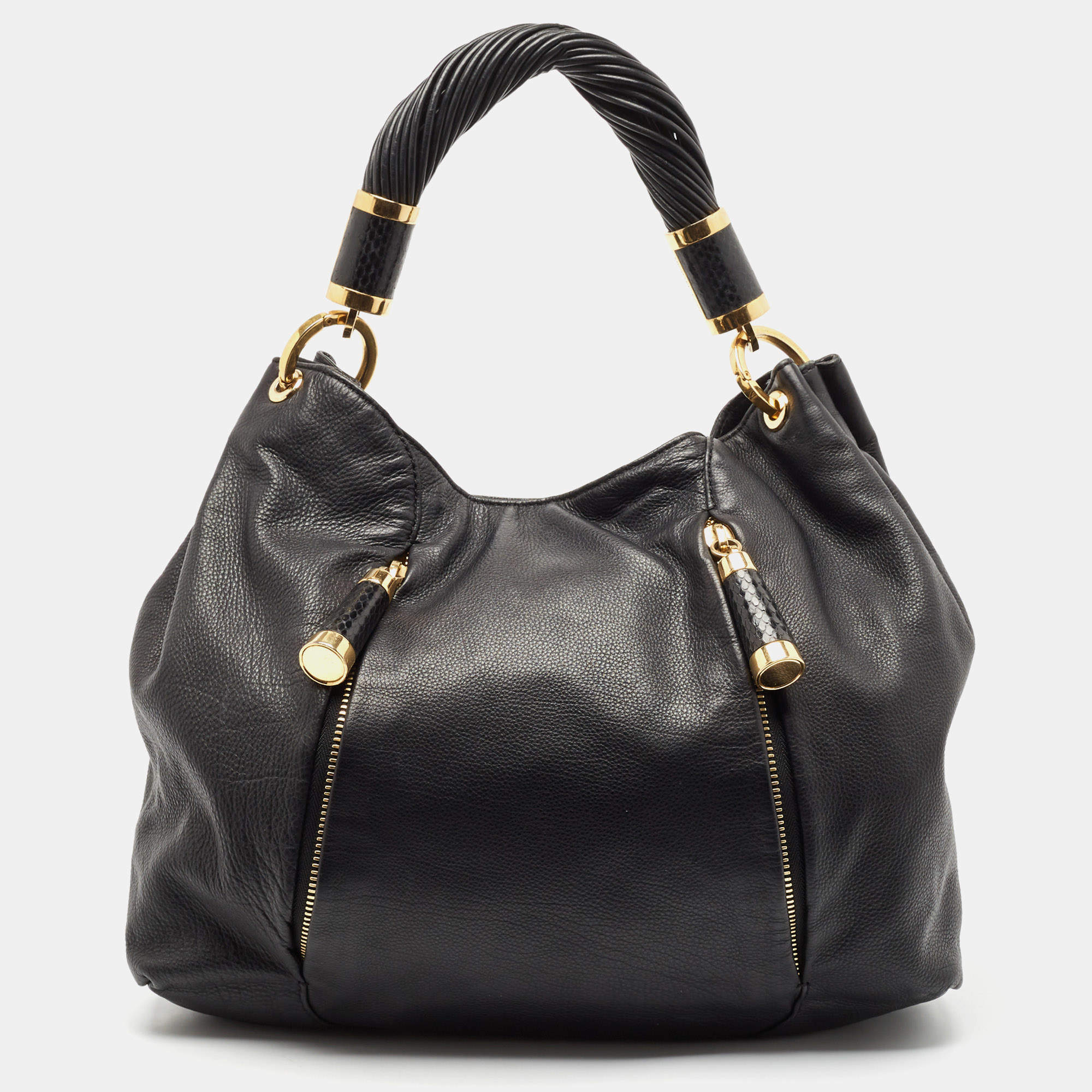 Michael Kors Black Leather and Snakeskin Embossed Tonne Hobo