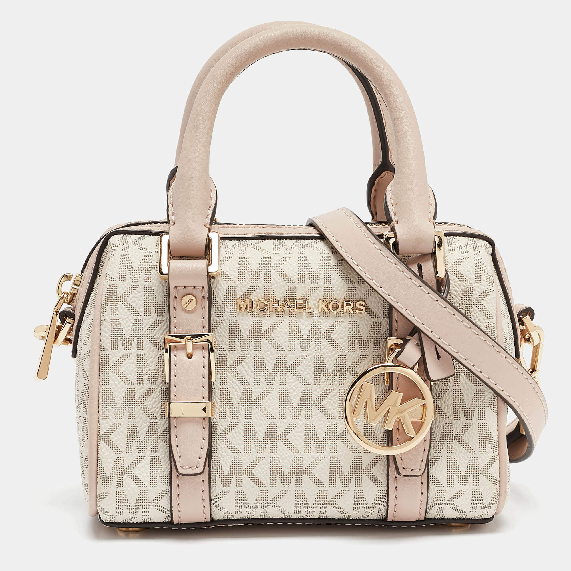 Pre Owned Michael Kors Pink/Grey Signature Coated Canvas Extra Small Bedford Legacy Crossbody Bag