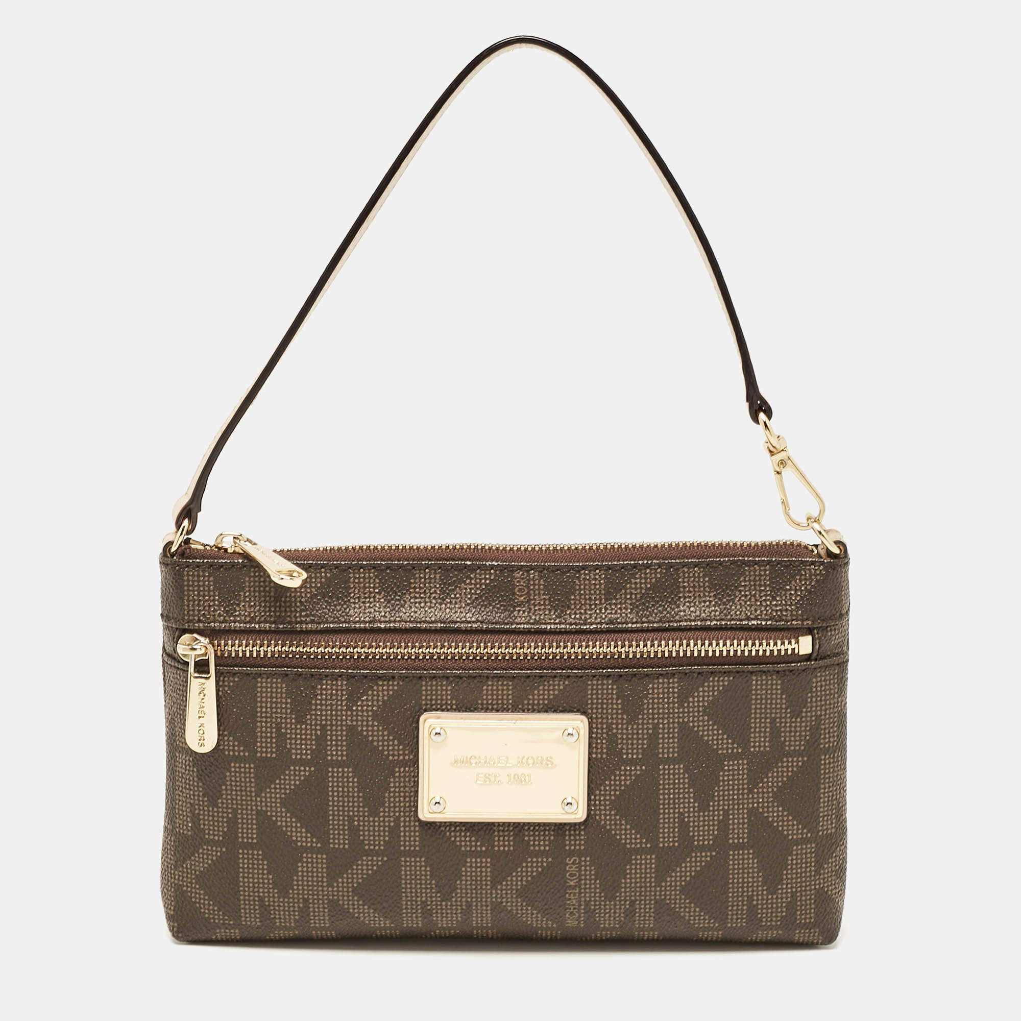 Pre Owned Michael Kors Dark Brown Signature Coated Canvas and Leather Wristlet Clutch