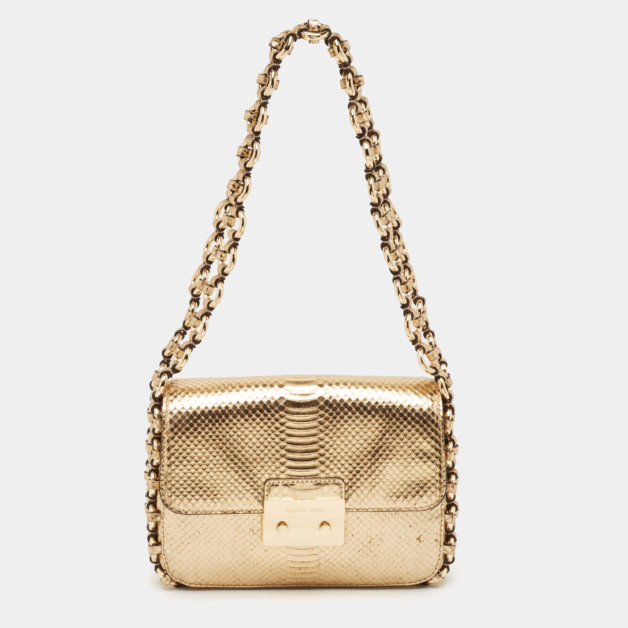 Michael Kors Gold Python Embossed Leather Piper Shoulder Bag