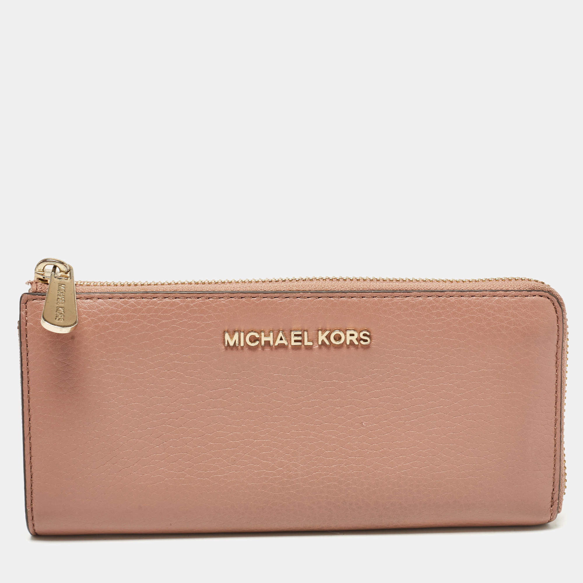 Michael Kors Dusty Pink Leather Jet Set Three Quarter Zip Around Wallet