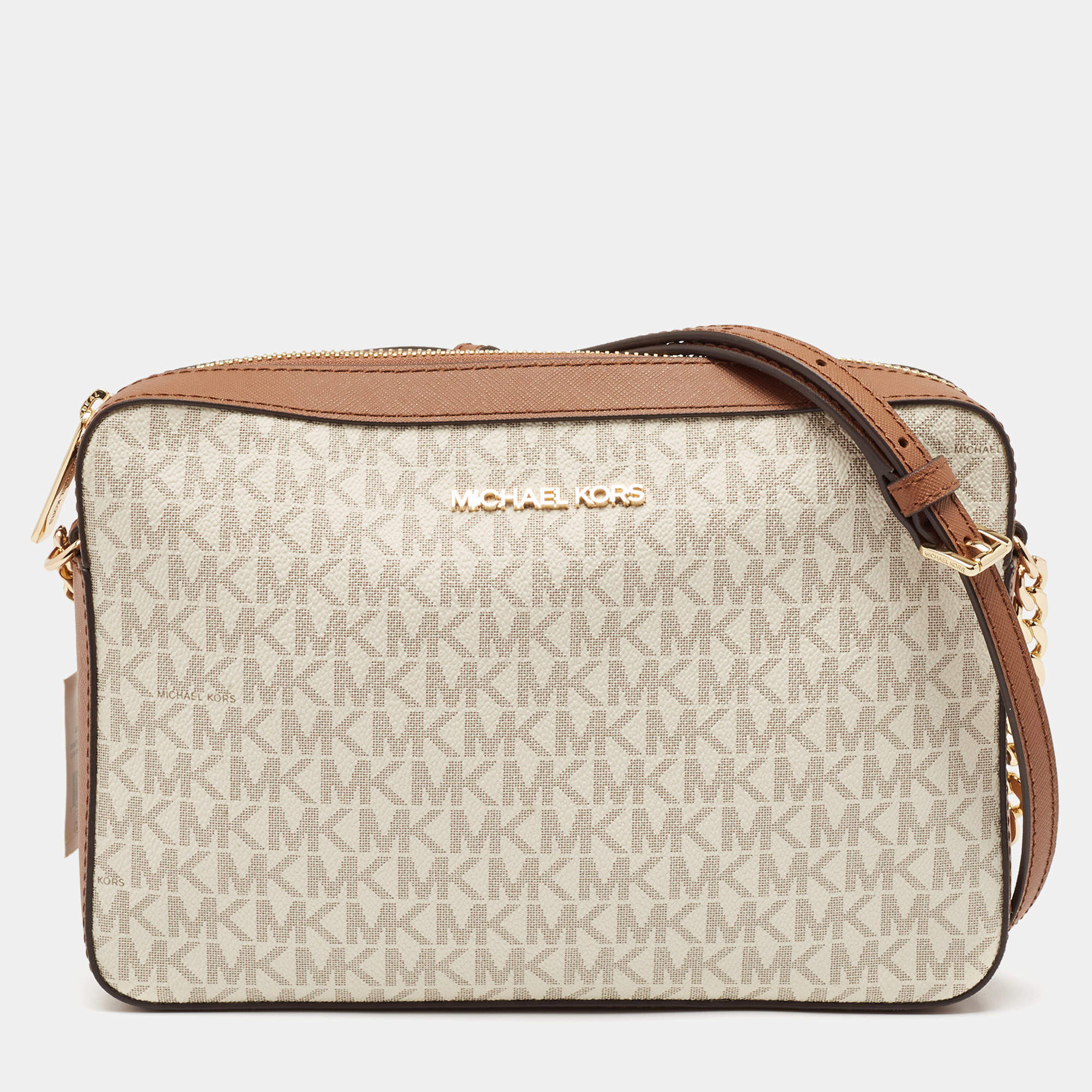 Pre Owned Michael Kors White/Brown Signature Coated Canvas and Leather Large Jet Set Crossbody Bag