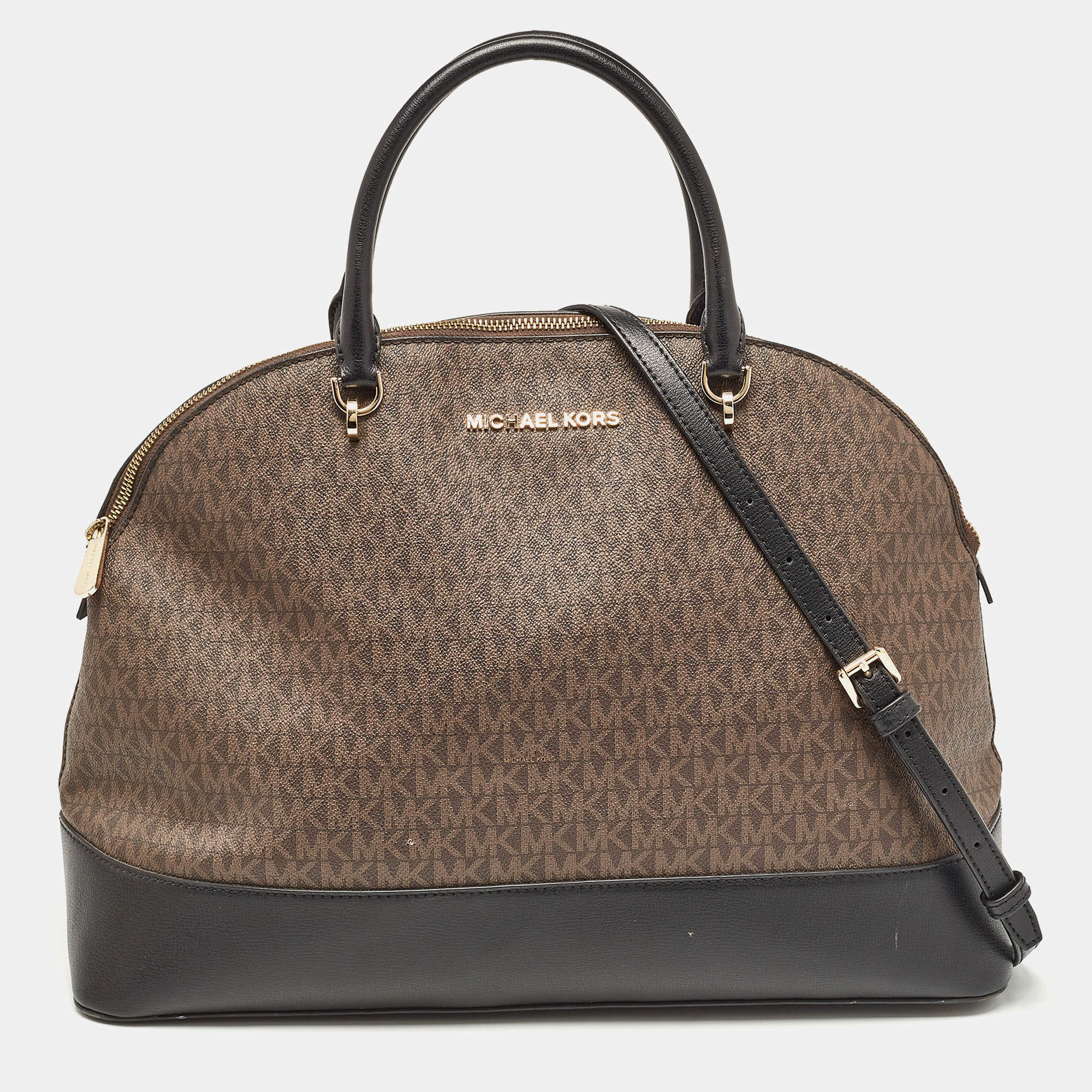 Michael Kors Black/Brown Signature Coated Canvas and Leather Extra Large Emmy Satchel