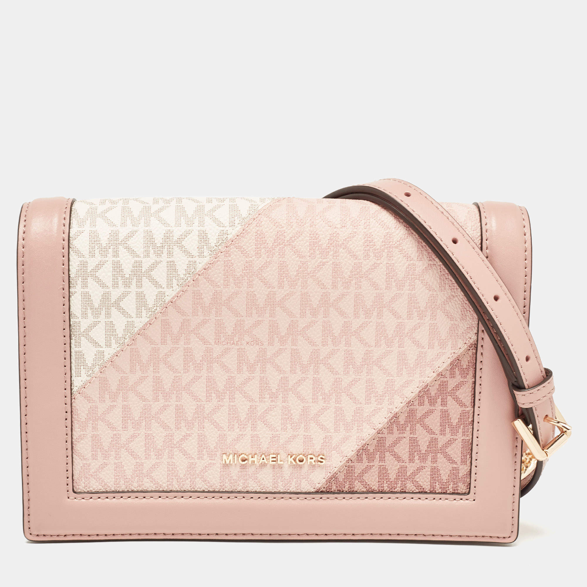 Pre Owned Michael Kors Old Rose Signature Coated Canvas and Leather Jet Set Full Flap Shoulder Bag