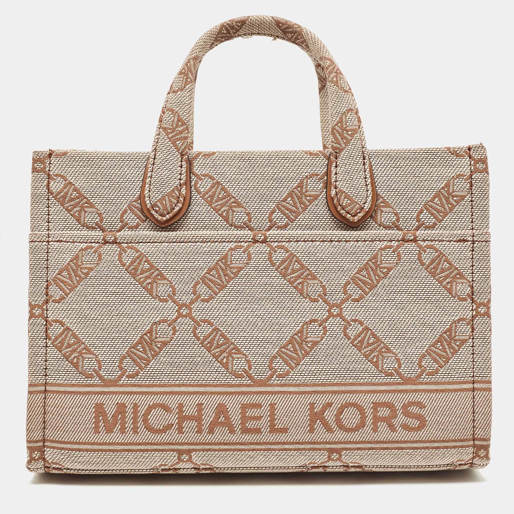 Pre Owned Michael Kors Beige/Brown Logo Jacquard Fabric Gigi Empire Tote