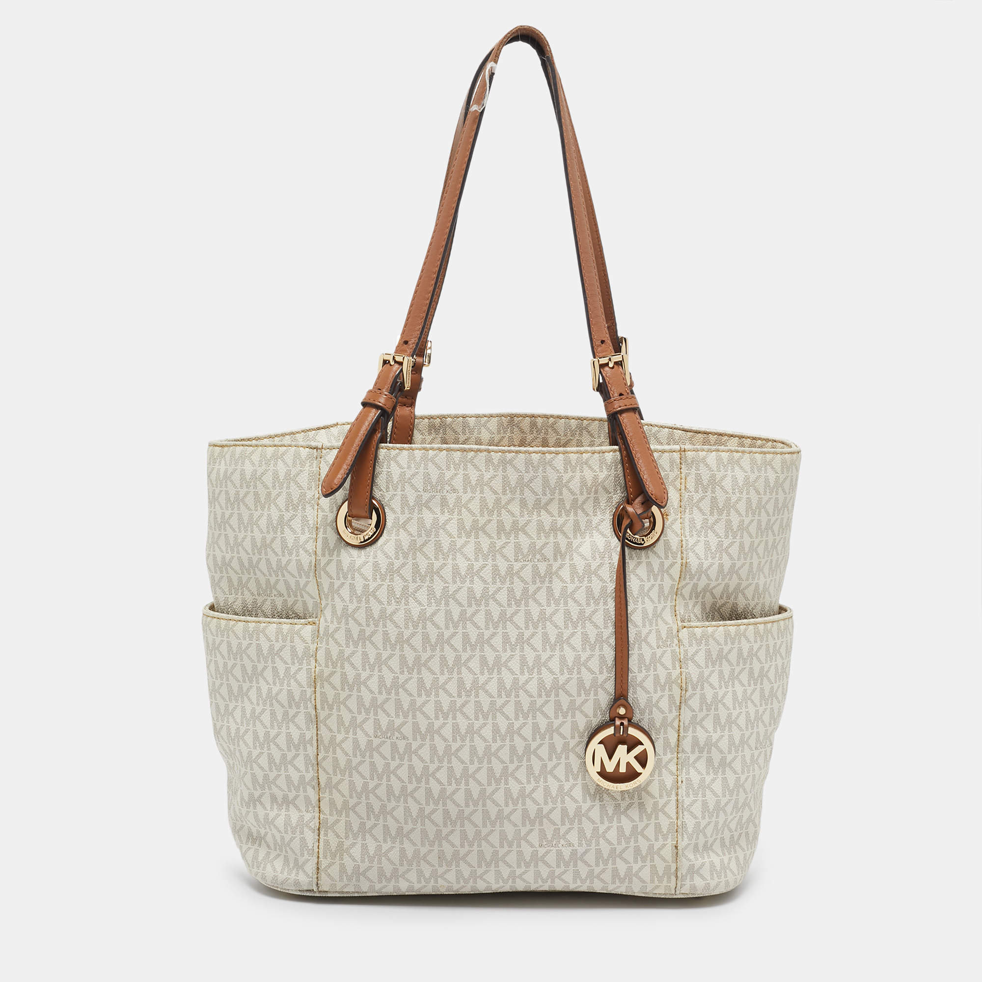 Michael Kors White/Brown Signature Coated Canvas Jet Set Tote