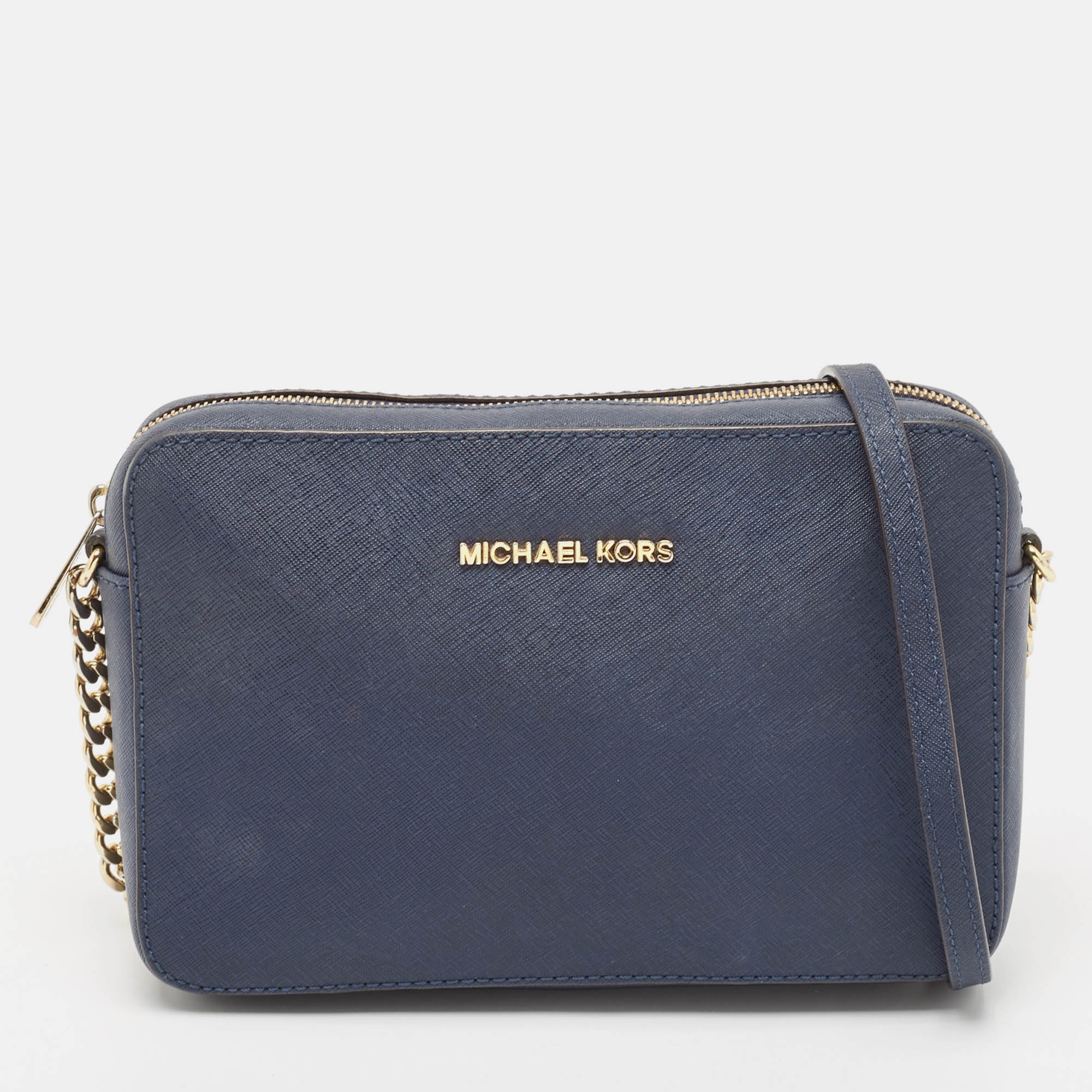 Pre Owned Michael Kors Navy Blue Leather Jet Set Camera Crossbody Bag