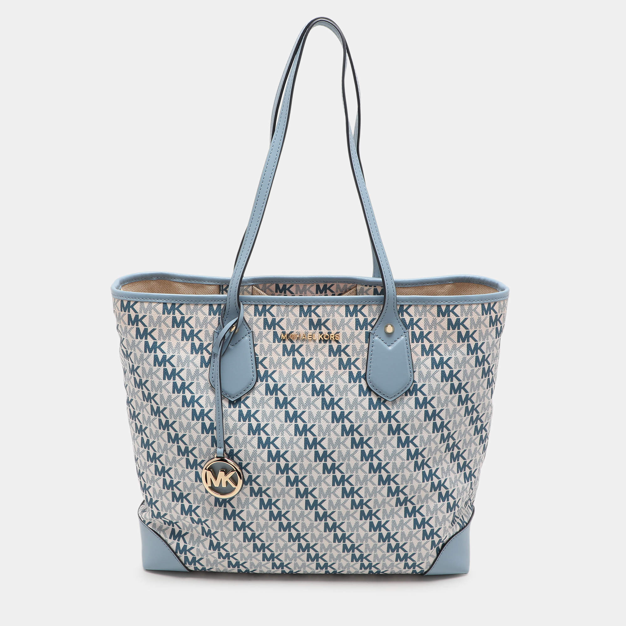 Pre Owned Michael Kors Light Blue/White Signature Coated Canvas and Leather Large Eva Tote