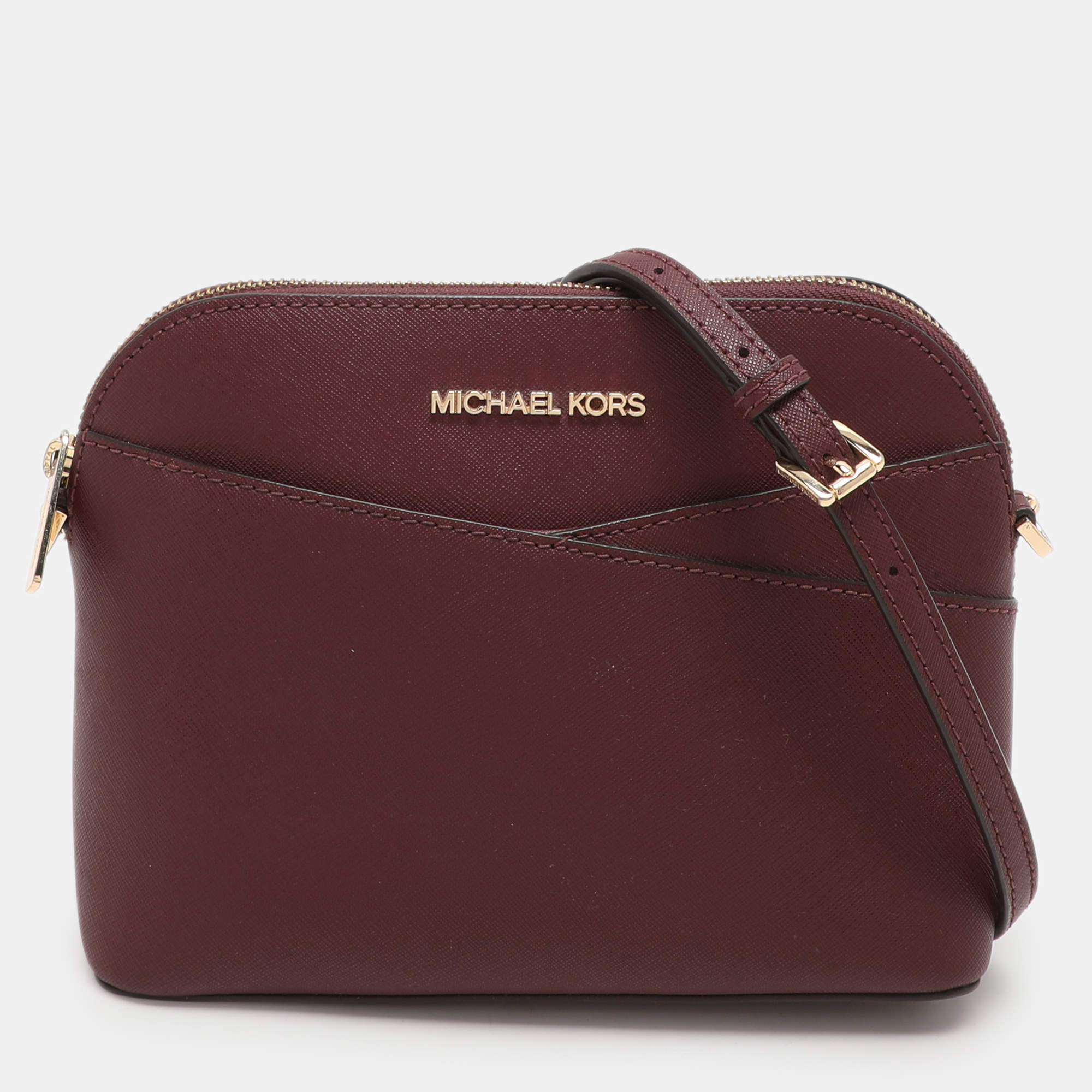 Pre Owned Michael Kors Burgundy Leather Medium Jet Set Travel Dome Crossbody Bag