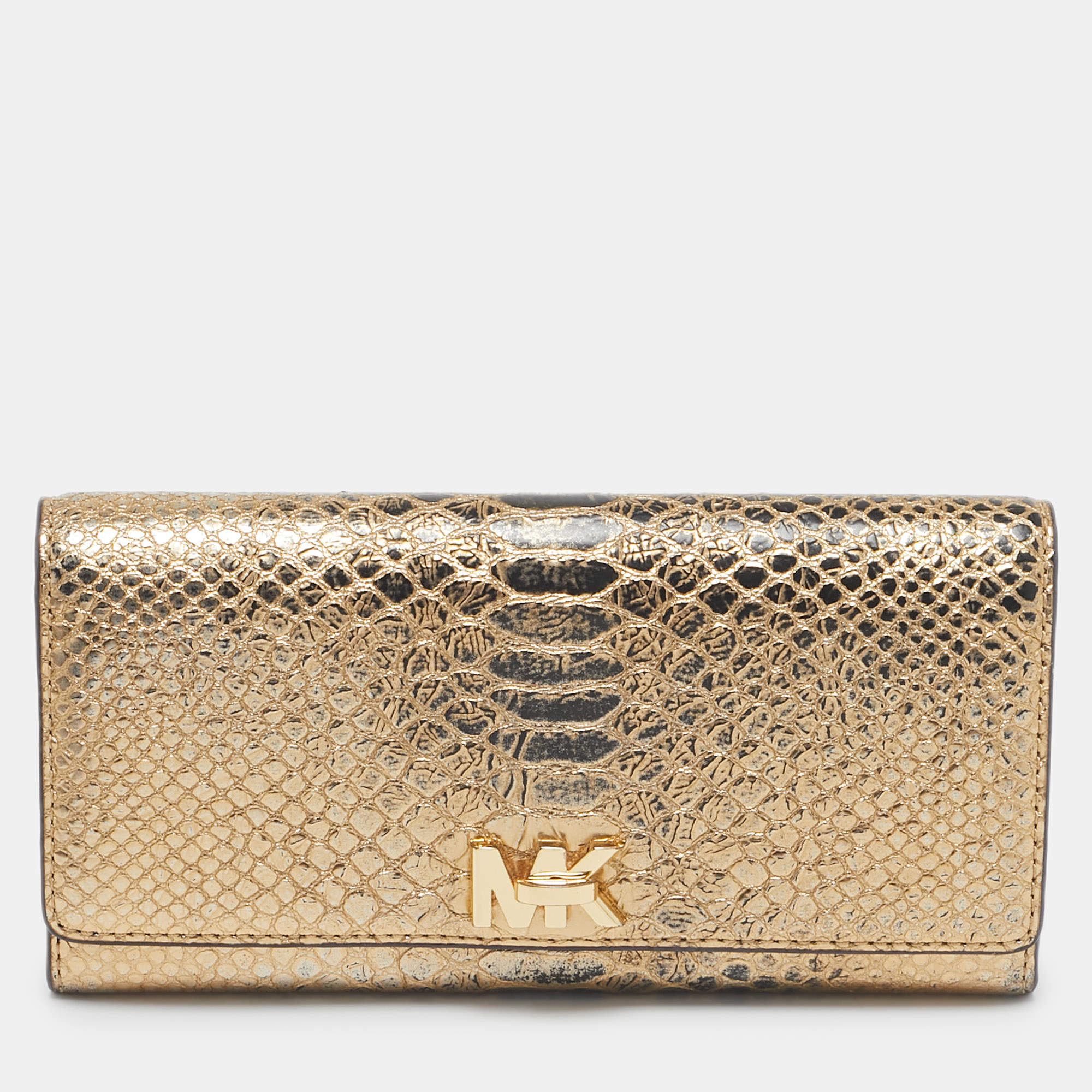 مملوكة مسبقًا محفظة مايكل كورس كونتيننتال جلد منقوش نقش بايثون ذهبي