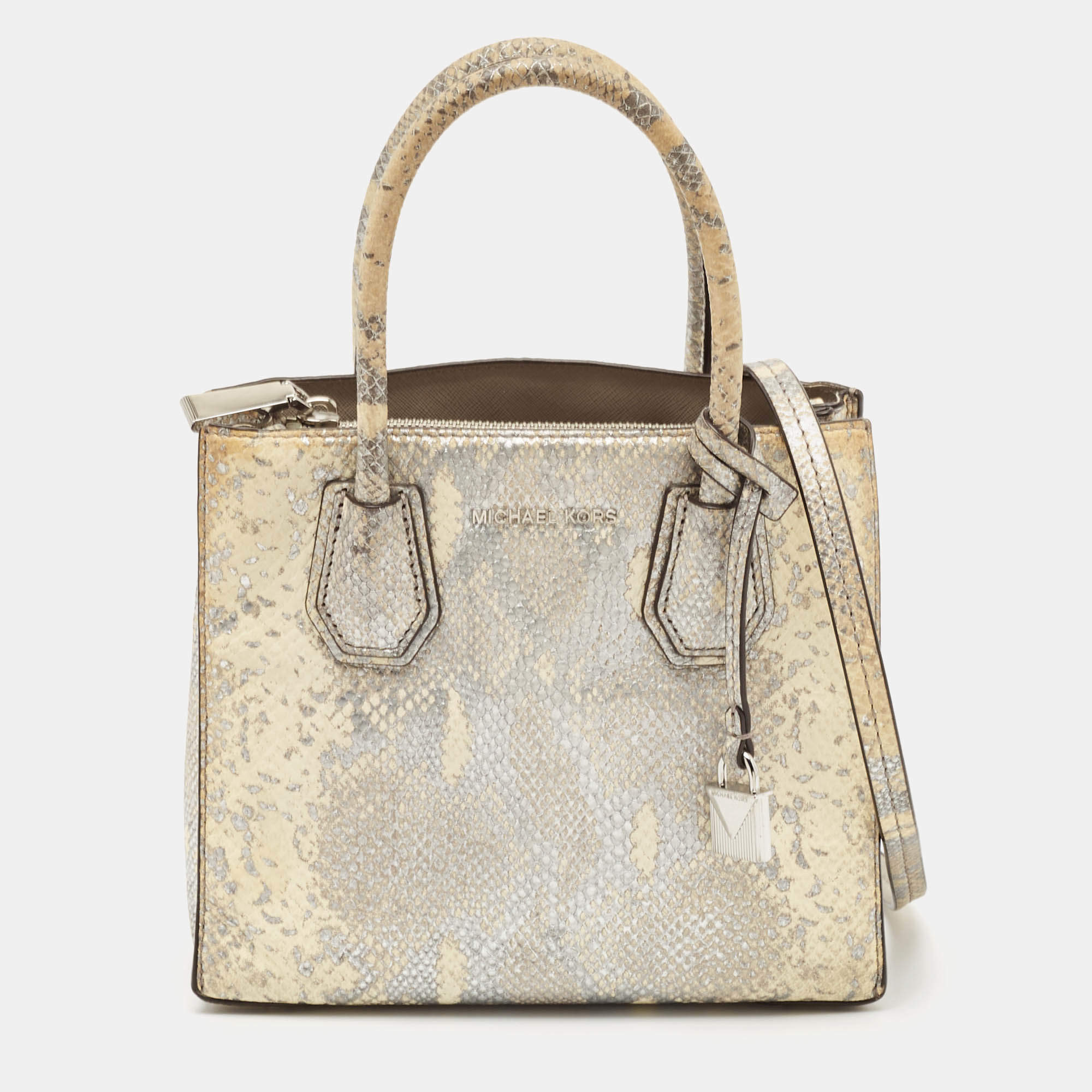 Michael Kors Cream/Silver Python Embossed Leather Small Mercer Tote
