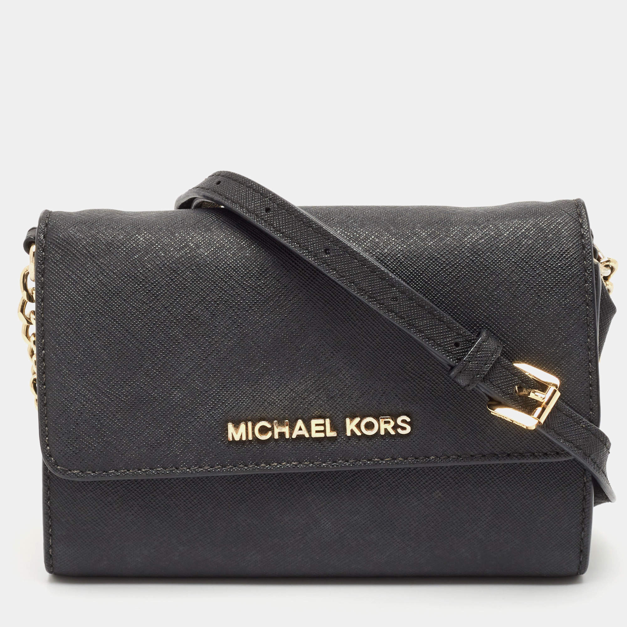 Michael Kors Black Leather Flap Wallet On Chain