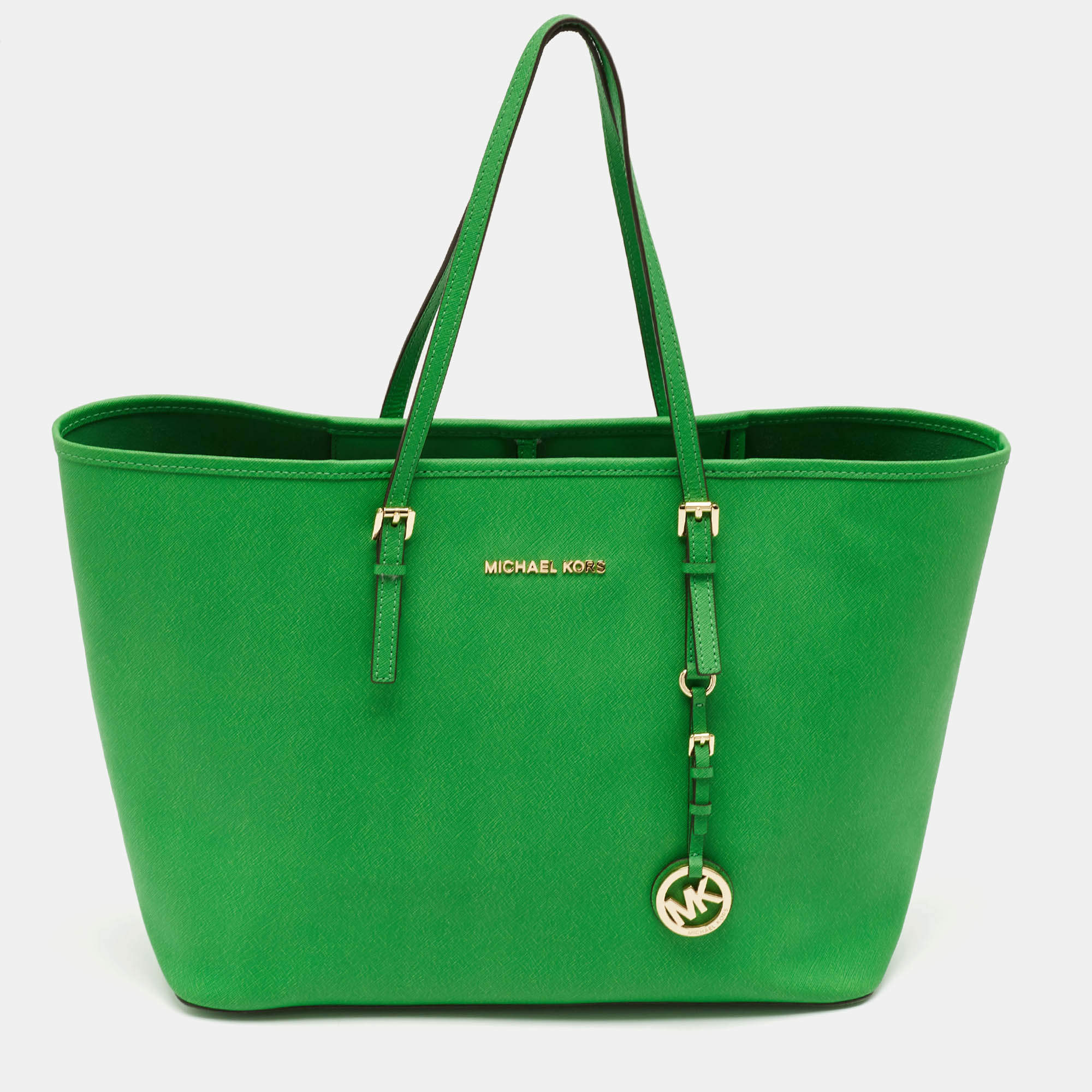 Pre Owned Michael Kors Green Leather Large Jet Set Travel Tote