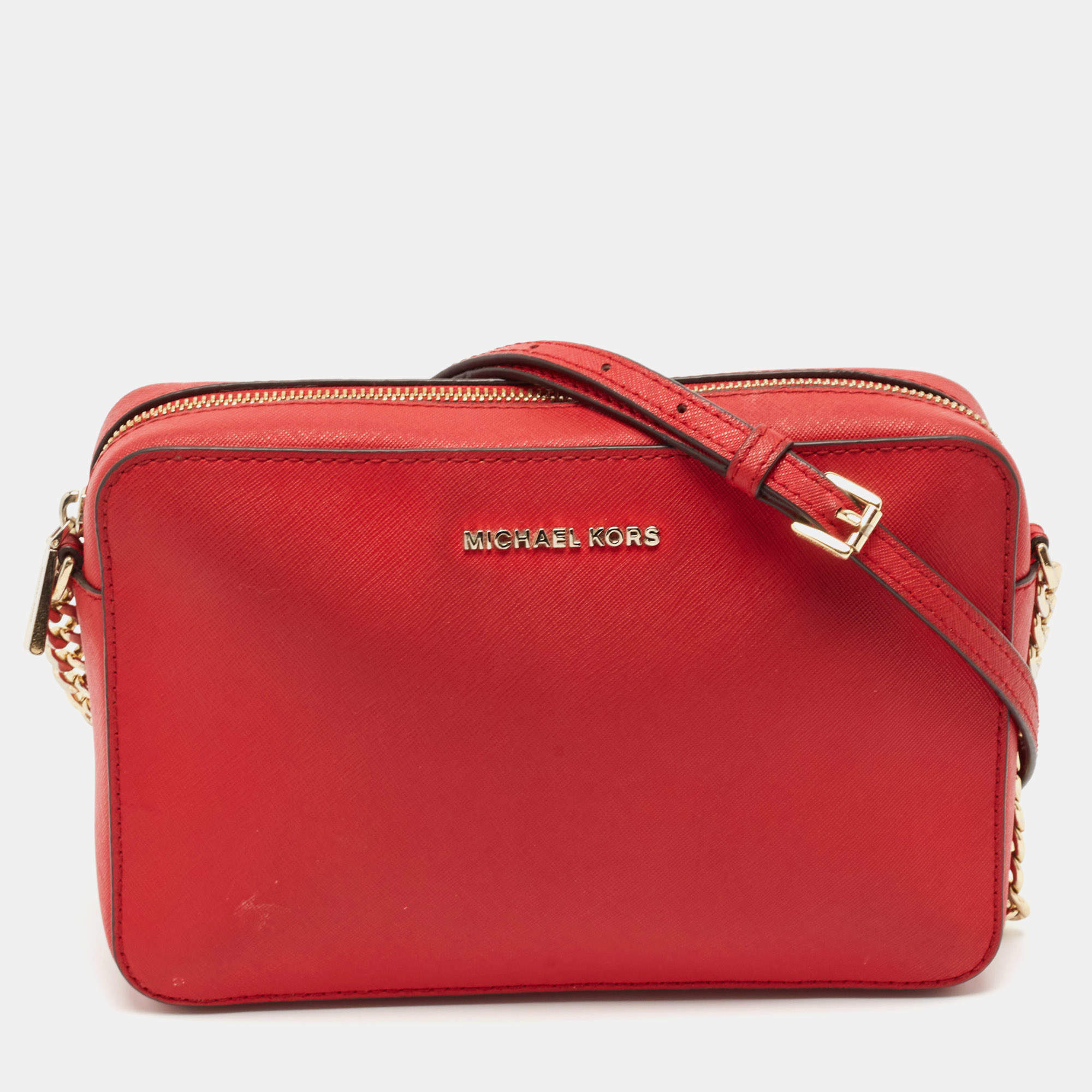 Michael Kors Red Leather Jet Set Camera Crossbody Bag