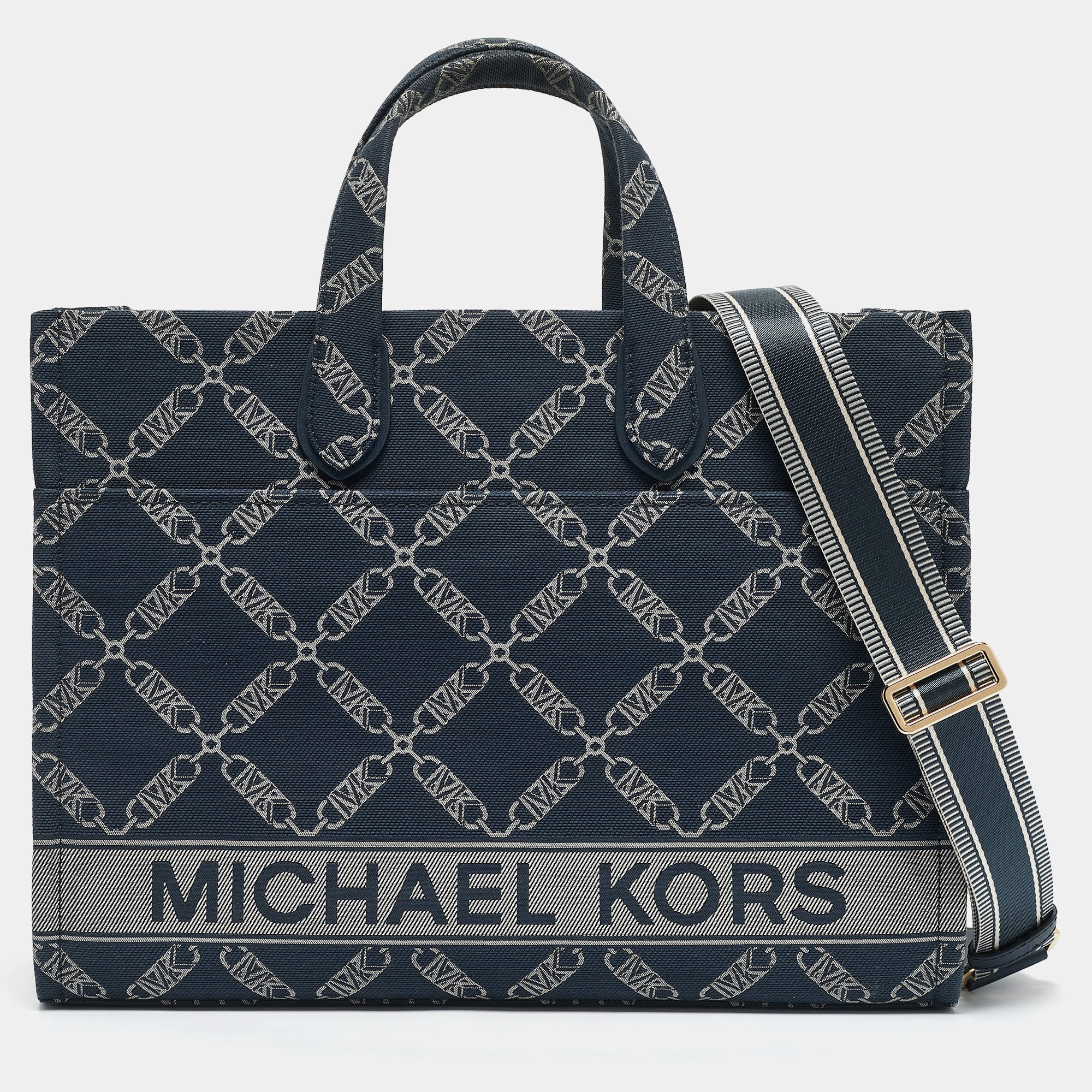 Pre Owned Michael Kors Navy Blue Logo Jacquard Canvas Large GIgi Tote