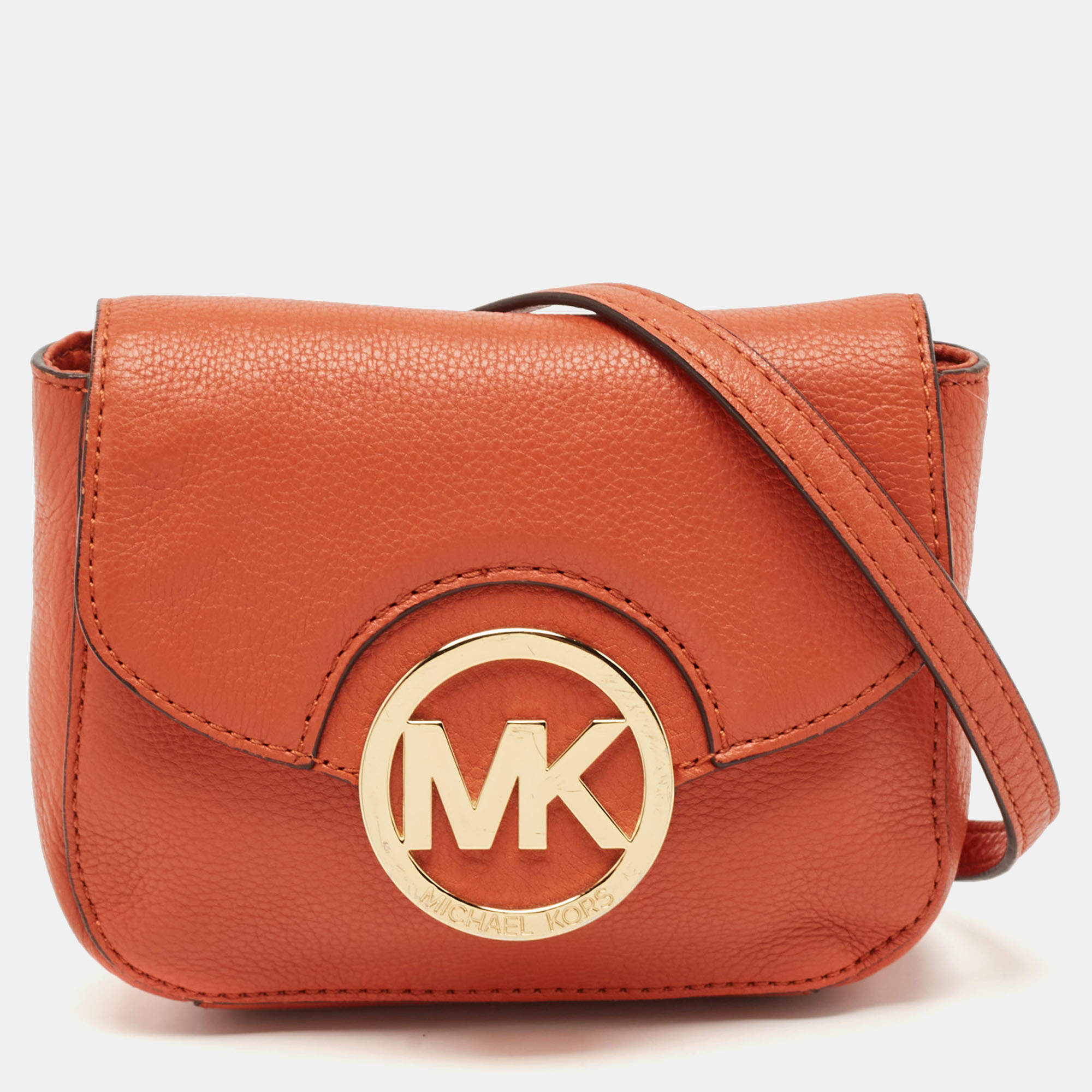 Pre Owned Michael Kors Orange Leather Fulton Crossbody Bag